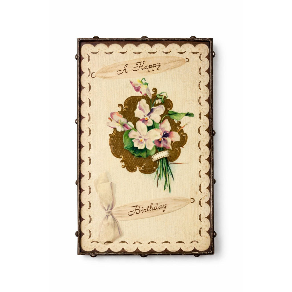 Framed Post Card Happy Birthday Postcard Ephemera Hand soldered Double Sided Frame Violets Flowers Sentimental Printed Germany Antique