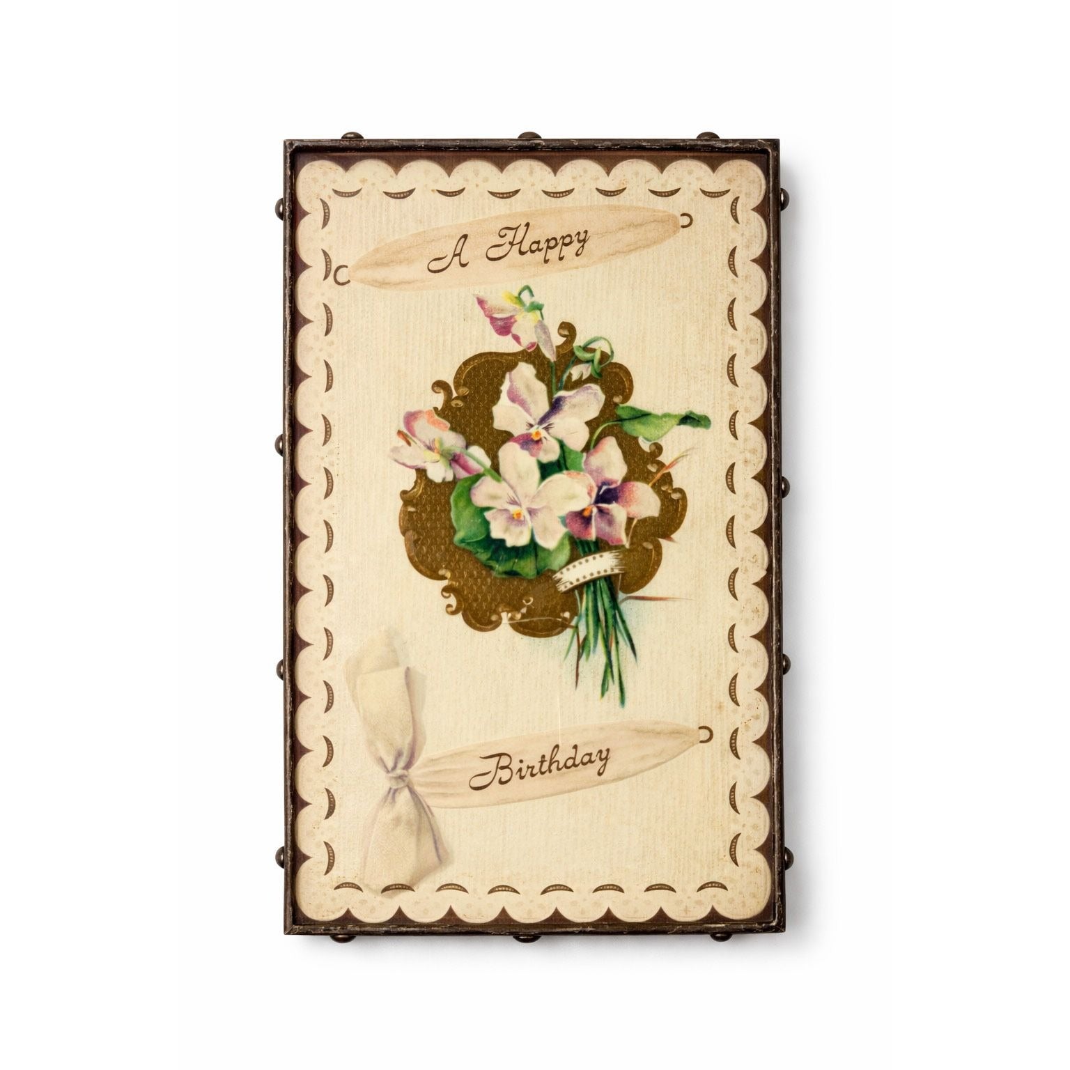 Framed Post Card Happy Birthday Postcard Ephemera Hand soldered Double Sided Frame Violets Flowers Sentimental Printed Germany Antique