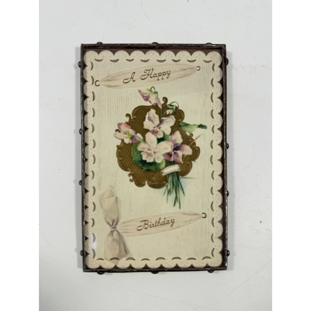 Framed Post Card Happy Birthday Postcard Ephemera Hand soldered Double Sided Frame Violets Flowers Sentimental Printed Germany Antique