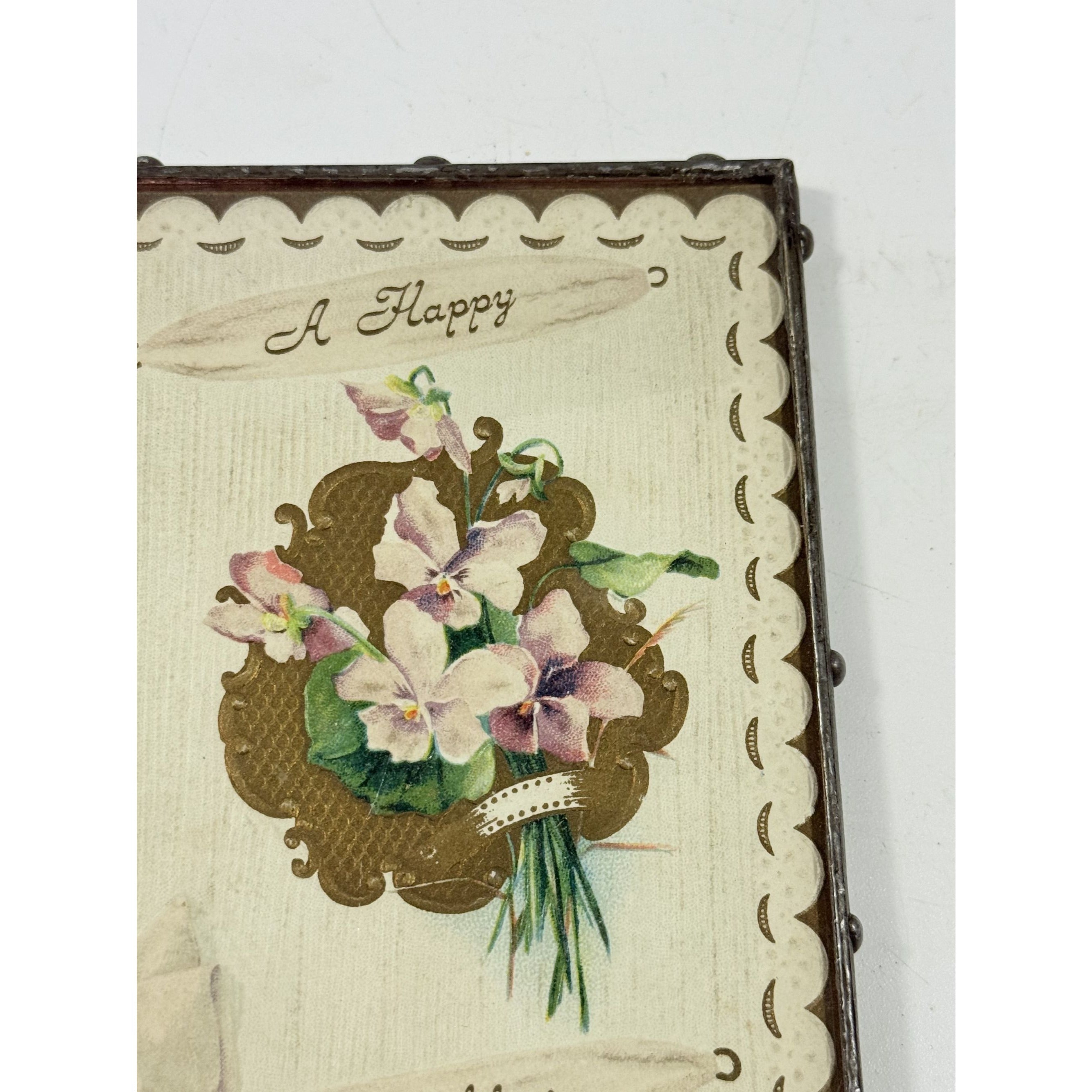 Framed Post Card Happy Birthday Postcard Ephemera Hand soldered Double Sided Frame Violets Flowers Sentimental Printed Germany Antique