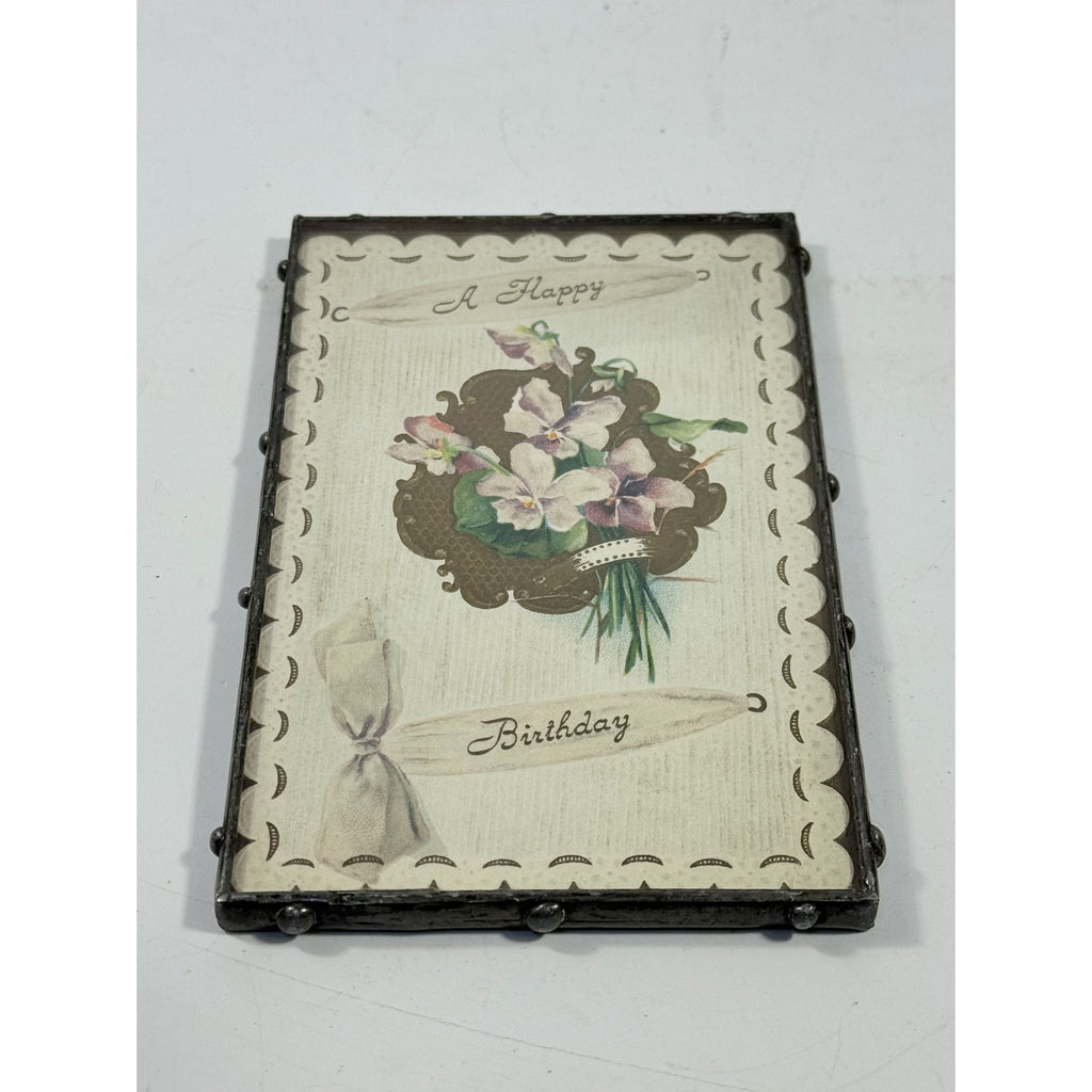 Framed Post Card Happy Birthday Postcard Ephemera Hand soldered Double Sided Frame Violets Flowers Sentimental Printed Germany Antique