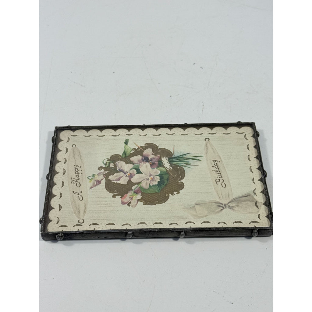 Framed Post Card Happy Birthday Postcard Ephemera Hand soldered Double Sided Frame Violets Flowers Sentimental Printed Germany Antique