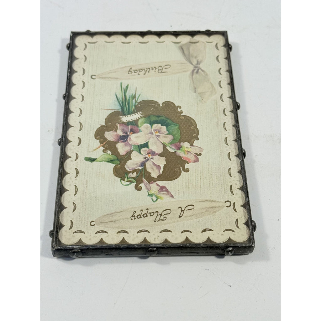 Framed Post Card Happy Birthday Postcard Ephemera Hand soldered Double Sided Frame Violets Flowers Sentimental Printed Germany Antique
