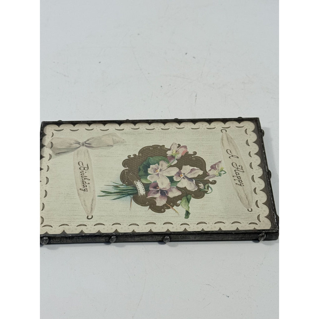 Framed Post Card Happy Birthday Postcard Ephemera Hand soldered Double Sided Frame Violets Flowers Sentimental Printed Germany Antique