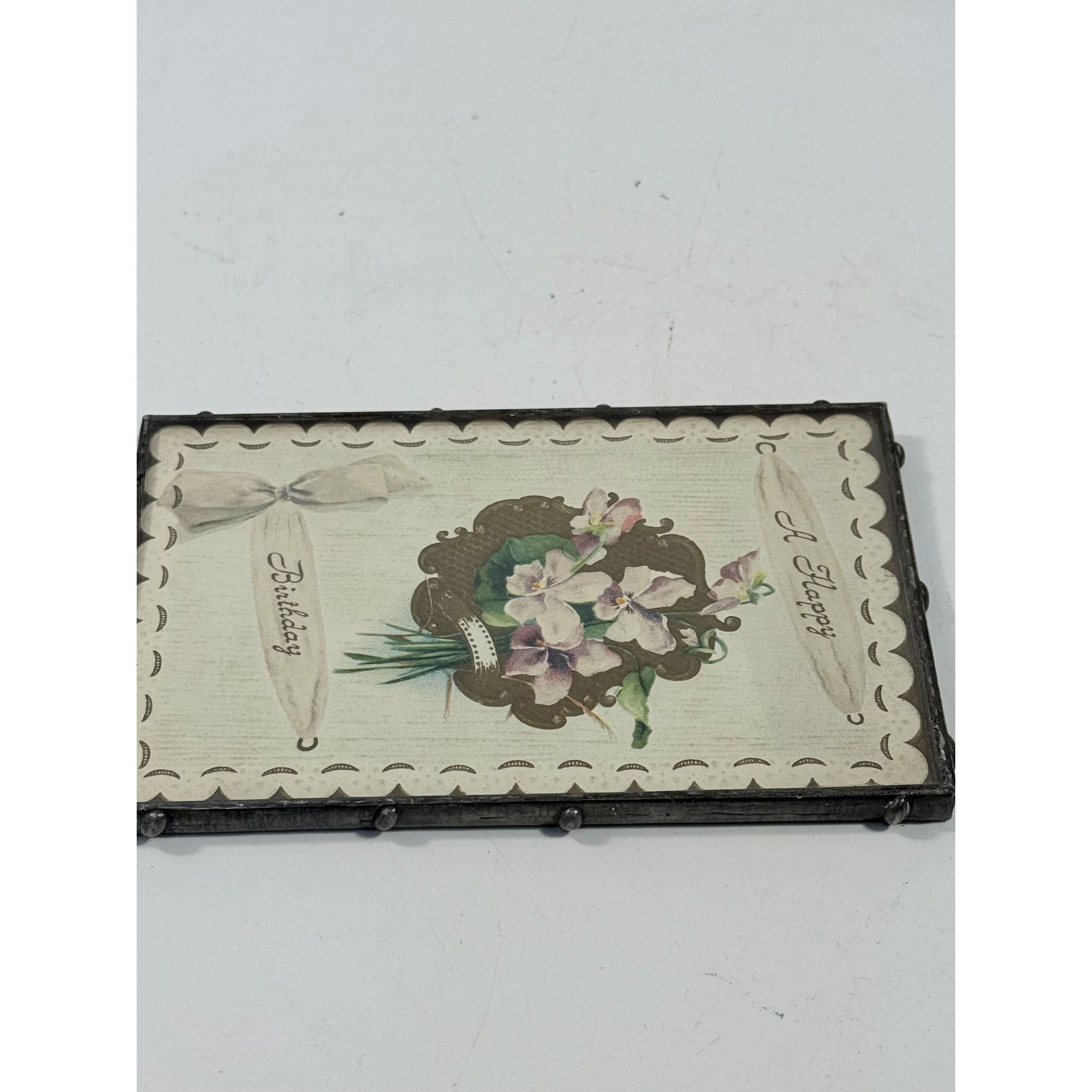 Framed Post Card Happy Birthday Postcard Ephemera Hand soldered Double Sided Frame Violets Flowers Sentimental Printed Germany Antique