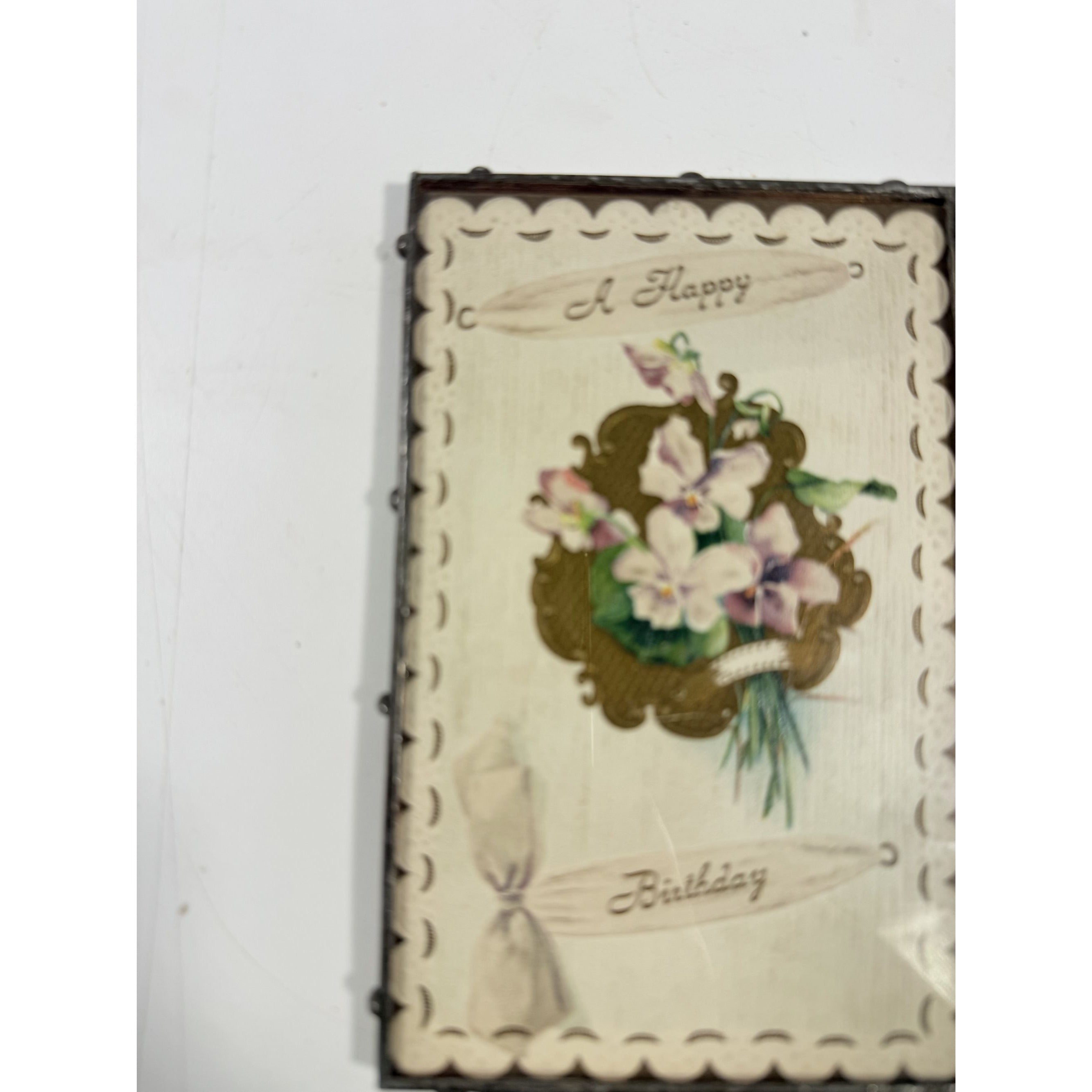 Framed Post Card Happy Birthday Postcard Ephemera Hand soldered Double Sided Frame Violets Flowers Sentimental Printed Germany Antique