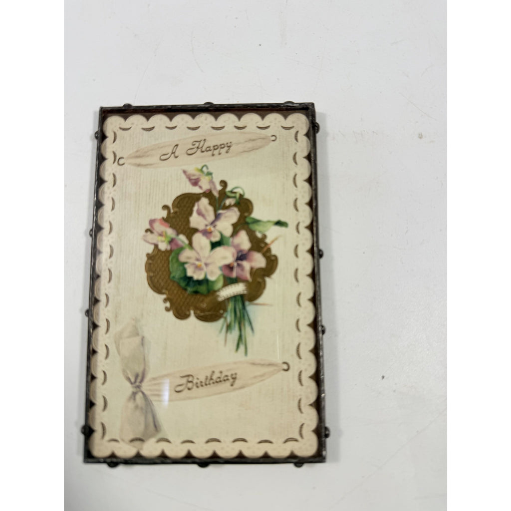 Framed Post Card Happy Birthday Postcard Ephemera Hand soldered Double Sided Frame Violets Flowers Sentimental Printed Germany Antique
