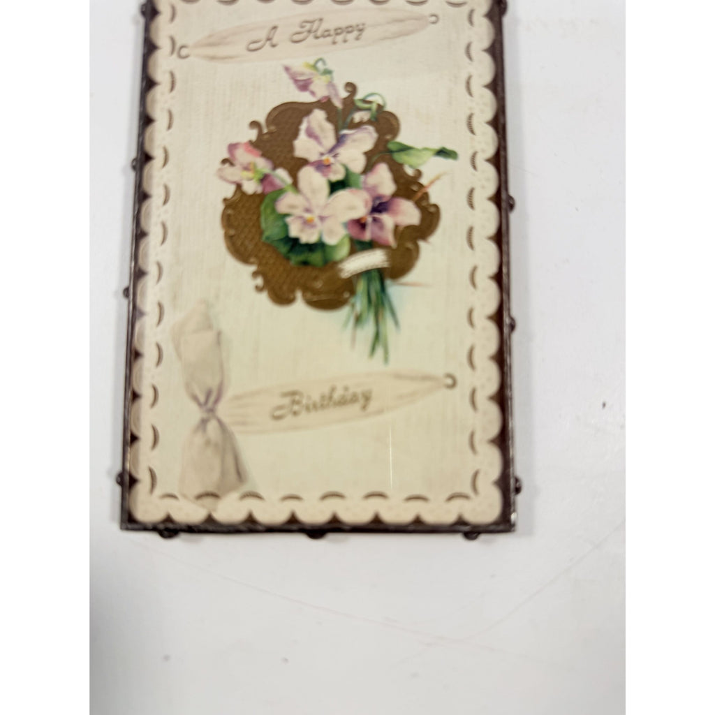 Framed Post Card Happy Birthday Postcard Ephemera Hand soldered Double Sided Frame Violets Flowers Sentimental Printed Germany Antique
