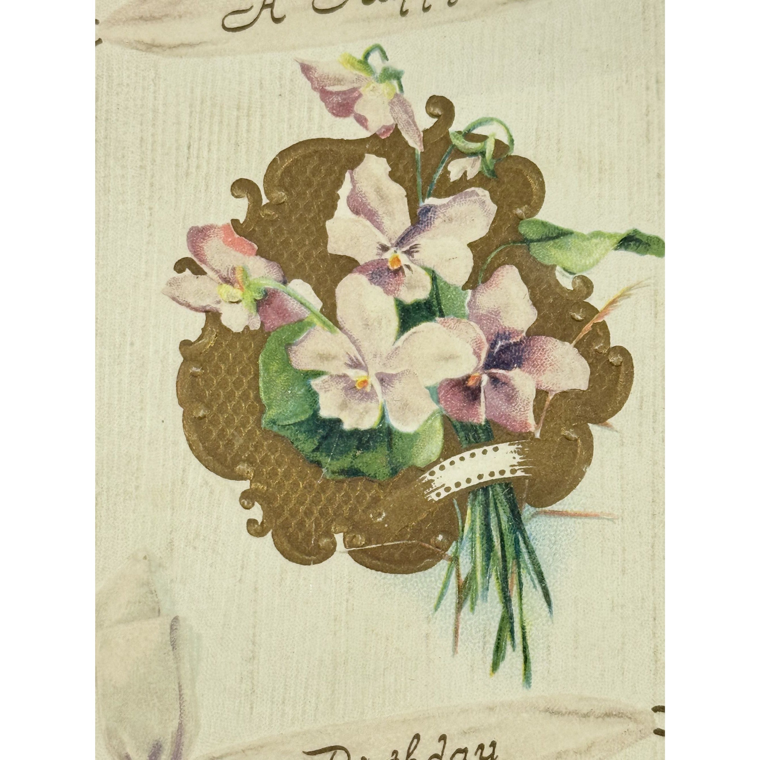 Framed Post Card Happy Birthday Postcard Ephemera Hand soldered Double Sided Frame Violets Flowers Sentimental Printed Germany Antique