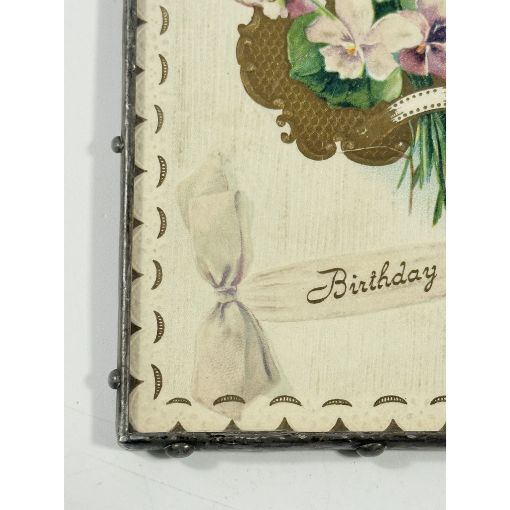 Framed Post Card Happy Birthday Postcard Ephemera Hand soldered Double Sided Frame Violets Flowers Sentimental Printed Germany Antique