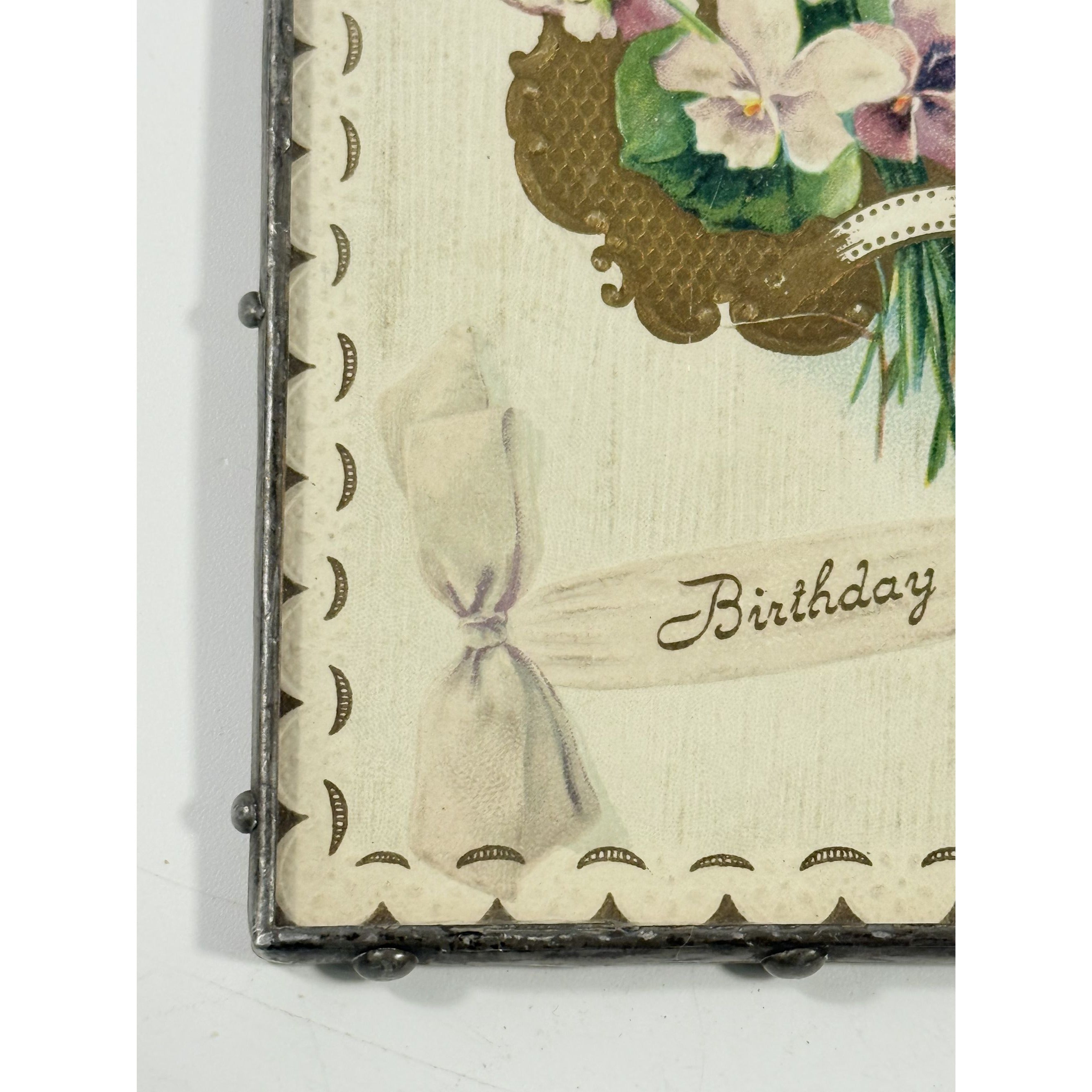 Framed Post Card Happy Birthday Postcard Ephemera Hand soldered Double Sided Frame Violets Flowers Sentimental Printed Germany Antique