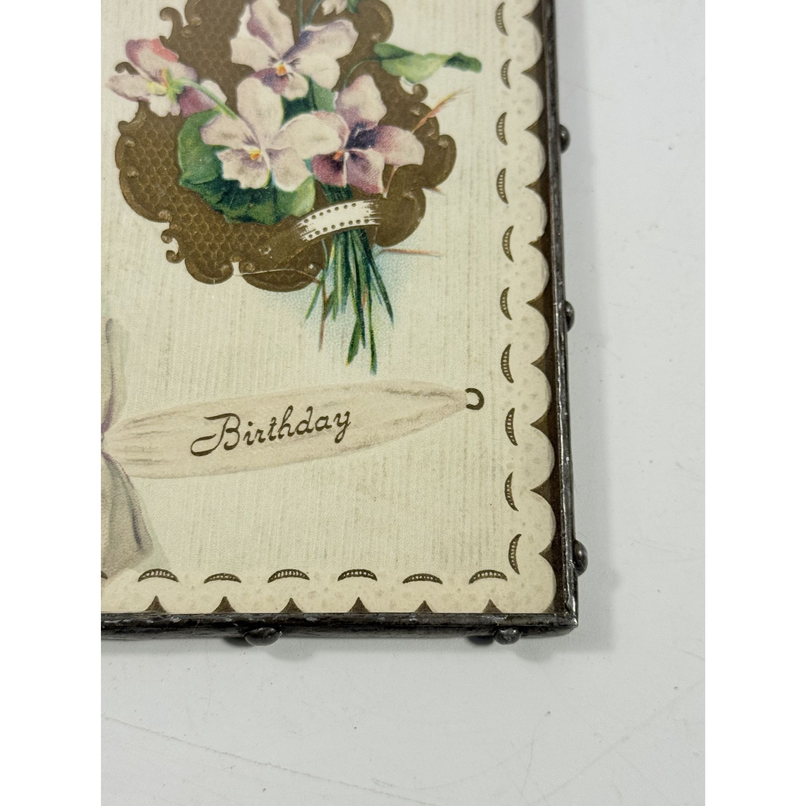 Framed Post Card Happy Birthday Postcard Ephemera Hand soldered Double Sided Frame Violets Flowers Sentimental Printed Germany Antique