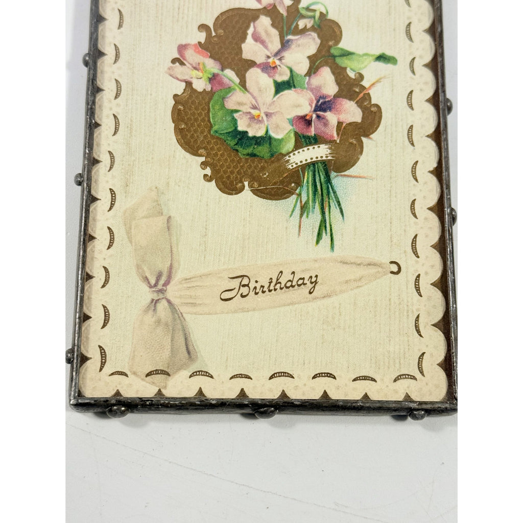Framed Post Card Happy Birthday Postcard Ephemera Hand soldered Double Sided Frame Violets Flowers Sentimental Printed Germany Antique