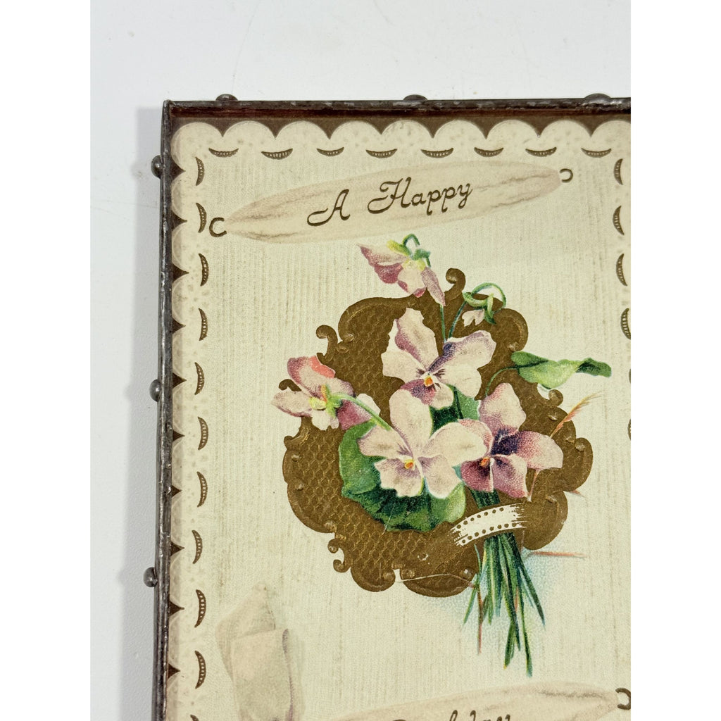 Framed Post Card Happy Birthday Postcard Ephemera Hand soldered Double Sided Frame Violets Flowers Sentimental Printed Germany Antique