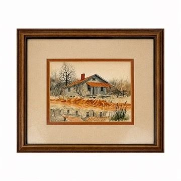 Watercolor Wall Art Old Farmhouse Shadow on Pond Artist Signed Matted Framed Vintage Home Decor Decorative Accents Hand Painted