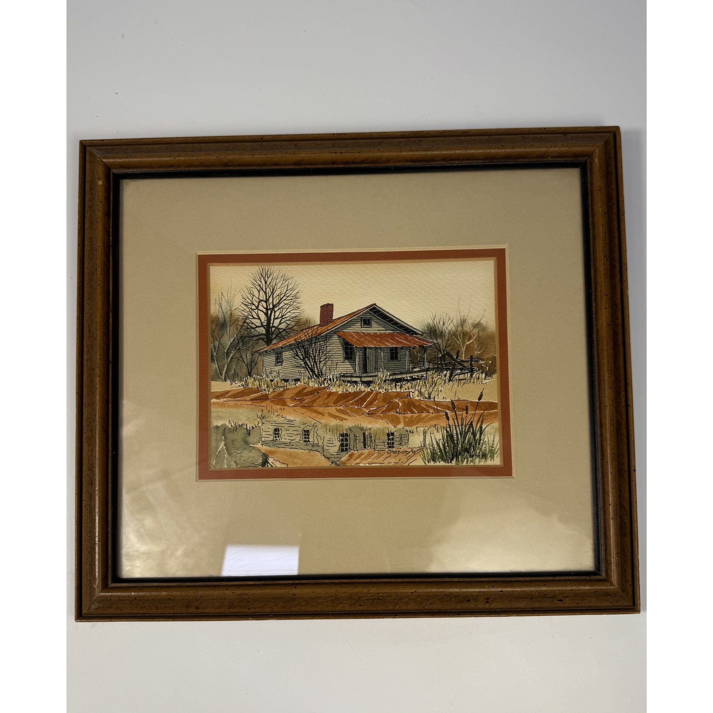 Watercolor Wall Art Old Farmhouse Shadow on Pond Artist Signed Matted Framed Vintage Home Decor Decorative Accents Hand Painted