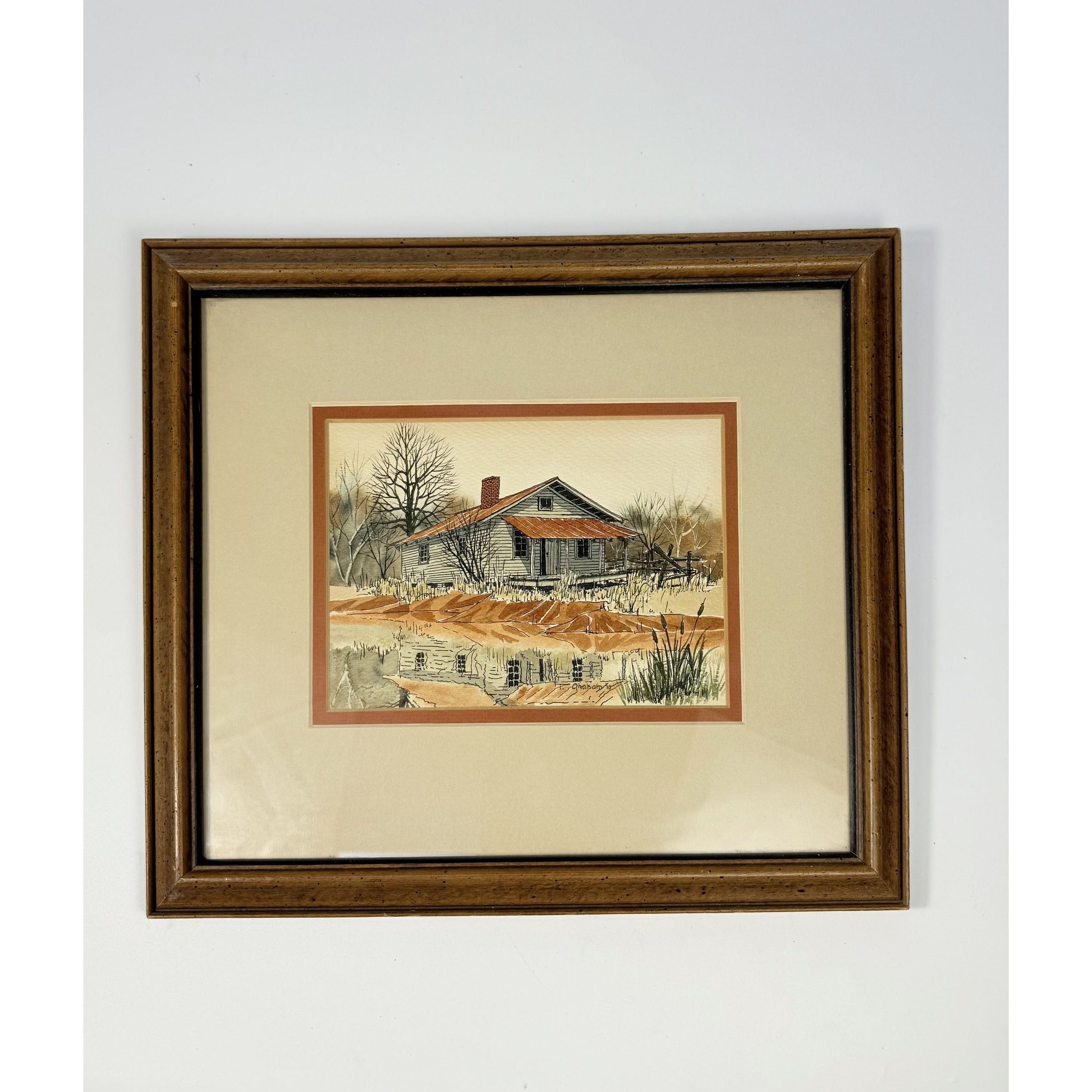 Watercolor Wall Art Old Farmhouse Shadow on Pond Artist Signed Matted Framed Vintage Home Decor Decorative Accents Hand Painted