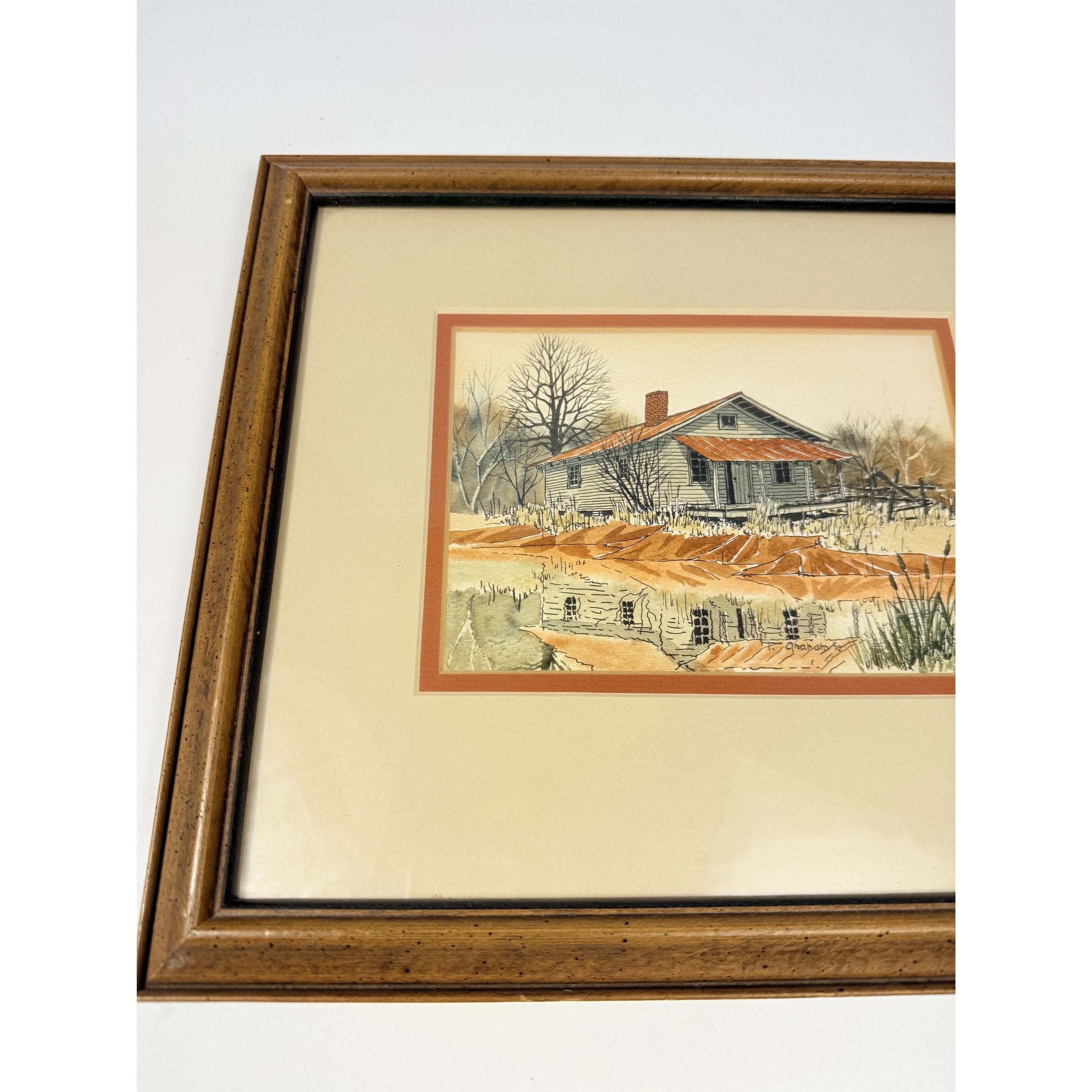Watercolor Wall Art Old Farmhouse Shadow on Pond Artist Signed Matted Framed Vintage Home Decor Decorative Accents Hand Painted