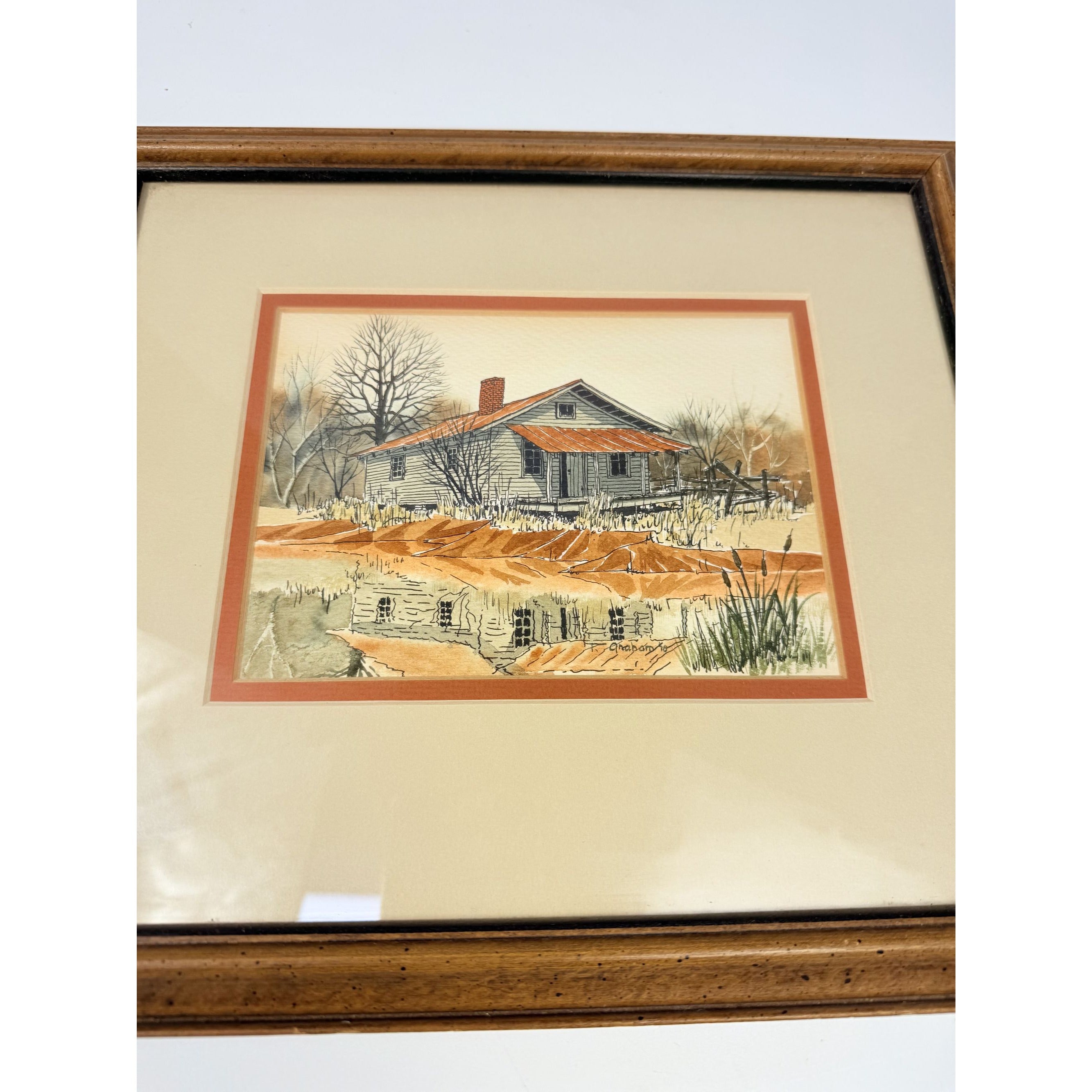 Watercolor Wall Art Old Farmhouse Shadow on Pond Artist Signed Matted Framed Vintage Home Decor Decorative Accents Hand Painted