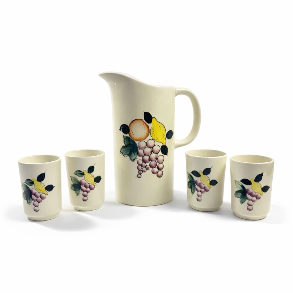 Juice Set Pitcher Cups Ceramic Hand Painted White Norleans Japan Singing Musical Fruit Motif Replacement China Vintage Granny Cottage Core