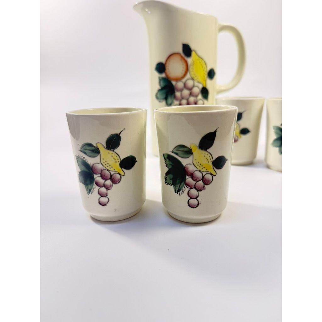 Juice Set Pitcher Cups Ceramic Hand Painted White Norleans Japan Singing Musical Fruit Motif Replacement China Vintage Granny Cottage Core
