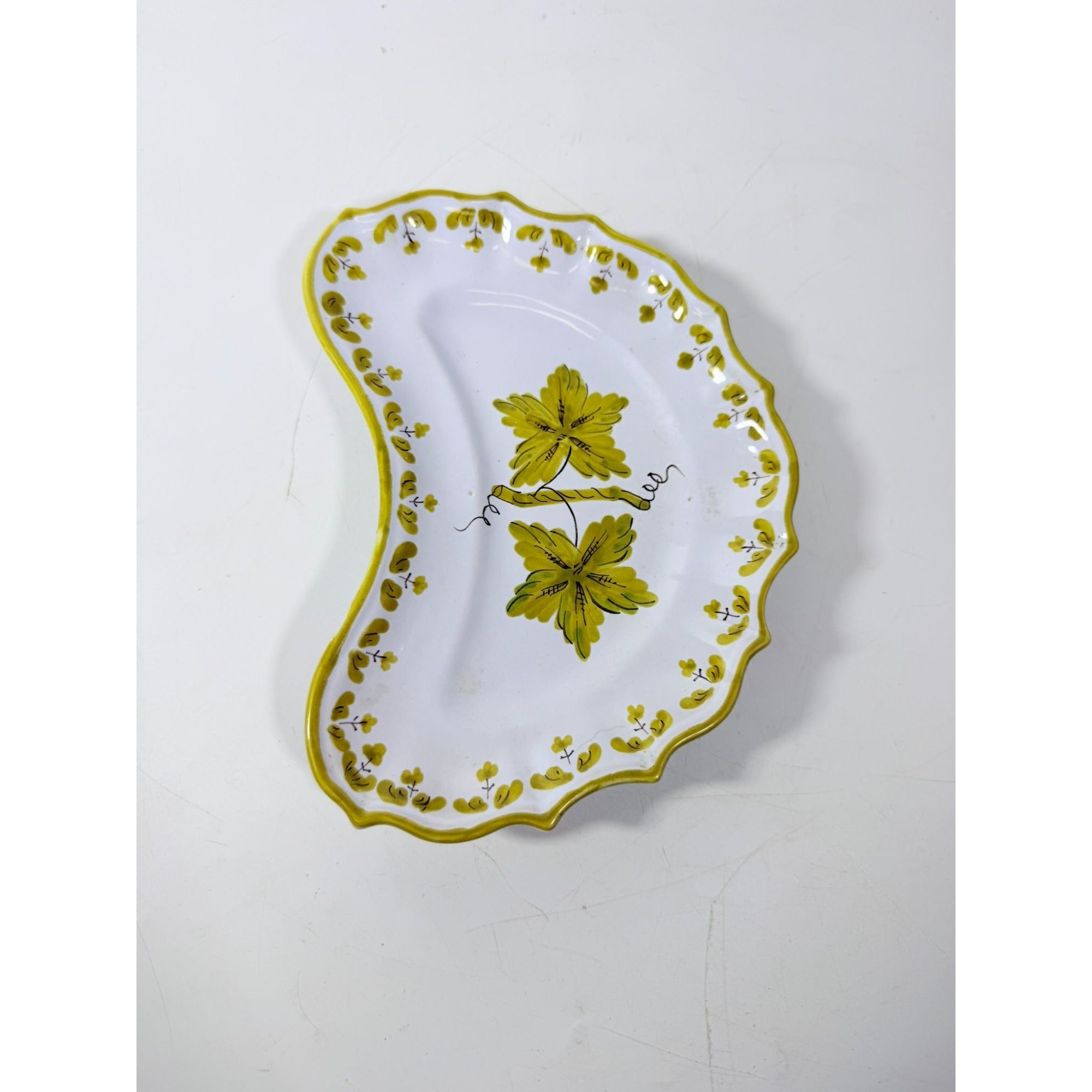 Italian Pottery Half Moon Bone Plate Guido Gambone ITY233 Handpainted Grape Leaves Green Replacement China Dishes Made in Italy G72