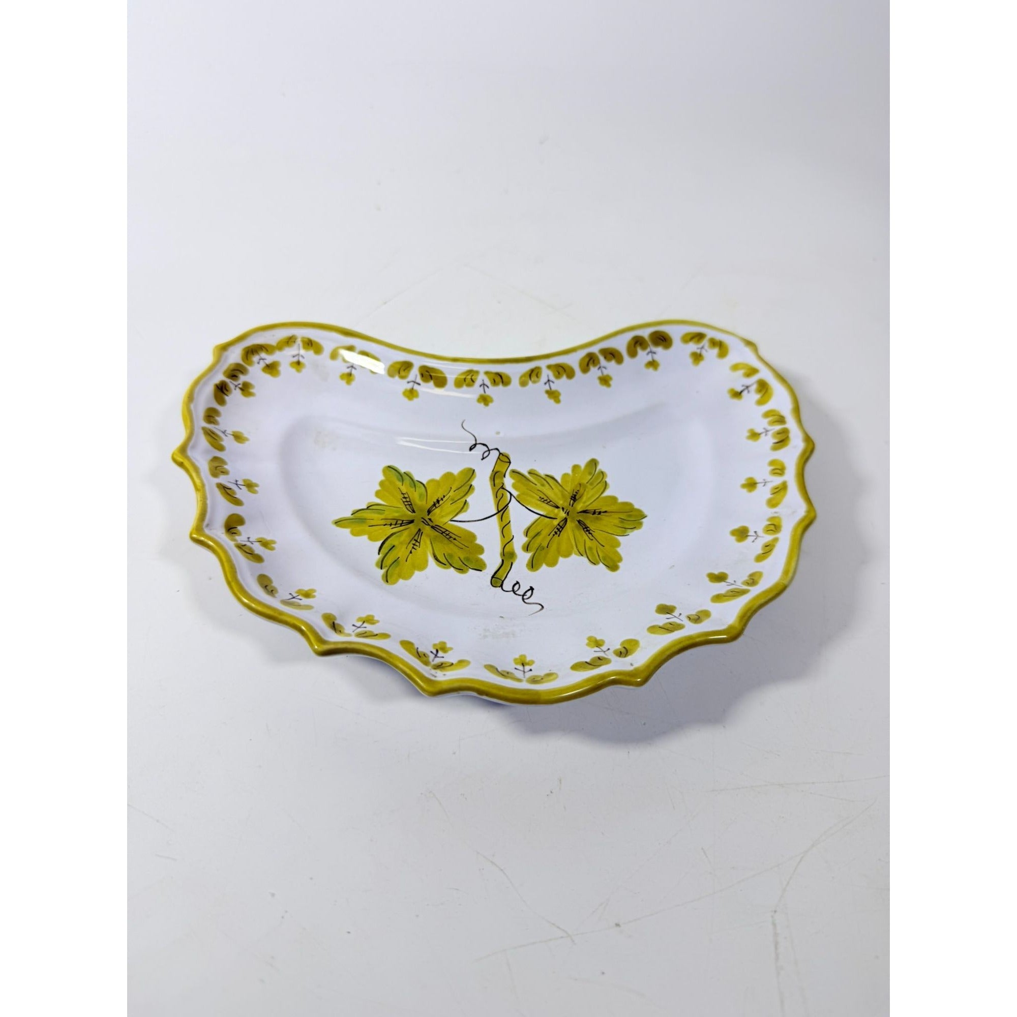 Italian Pottery Half Moon Bone Plate Guido Gambone ITY233 Handpainted Grape Leaves Green Replacement China Dishes Made in Italy G72