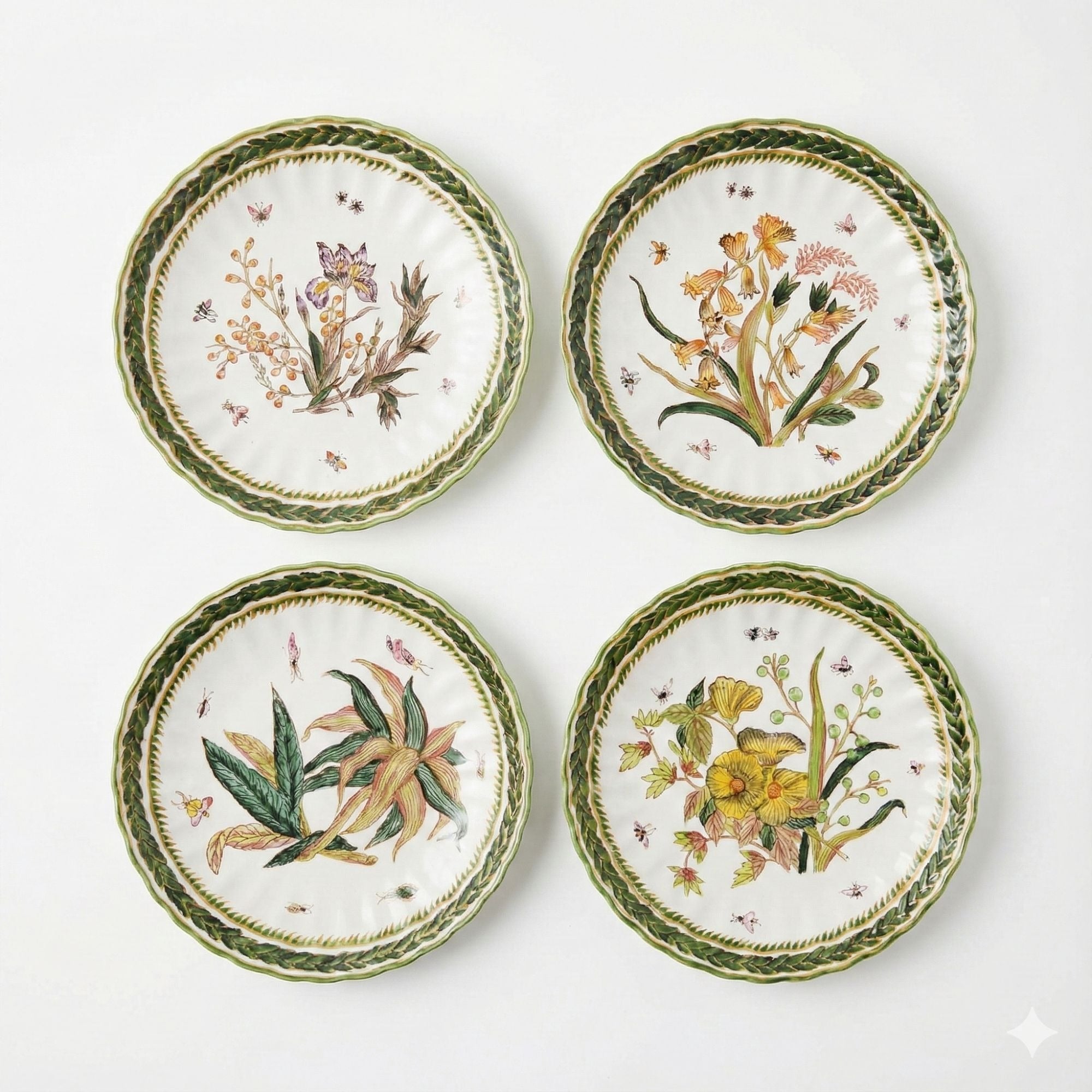 Gallery Wall Plates Set 4 Vintage Botanical Flowers Butterflies Two's Company Natura Hand Painted Decorative Accents Home Decor Traditional
