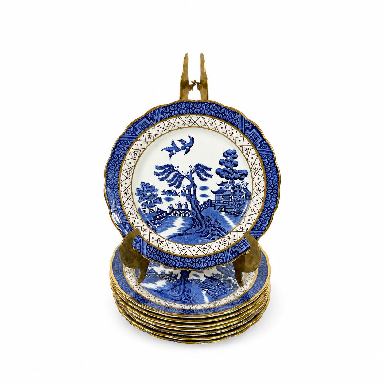 Bread and Butter Place Set 8 Booths Real Old Willow Blue Gold Trim Vintage Replacement China Traditional Oriental Chinoiserie Made England