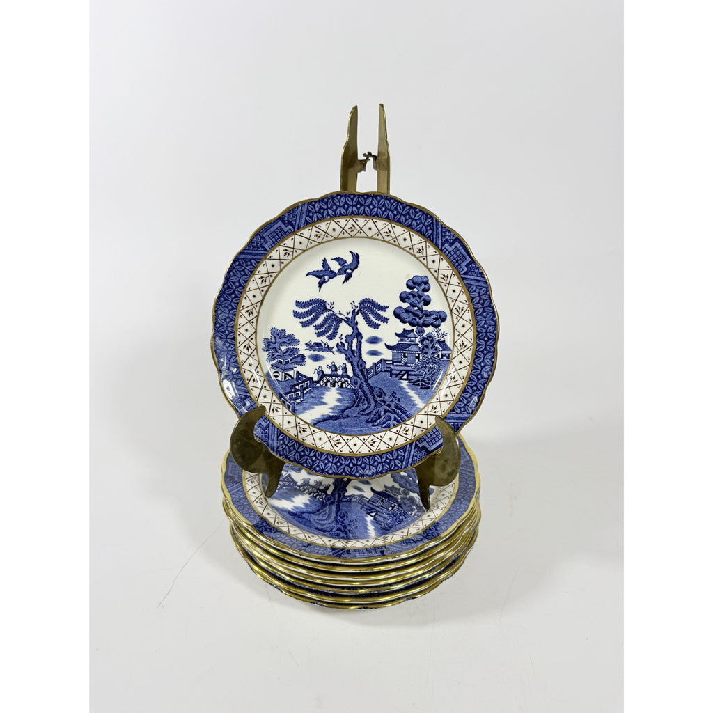Bread and Butter Place Set 8 Booths Real Old Willow Blue Gold Trim Vintage Replacement China Traditional Oriental Chinoiserie Made England
