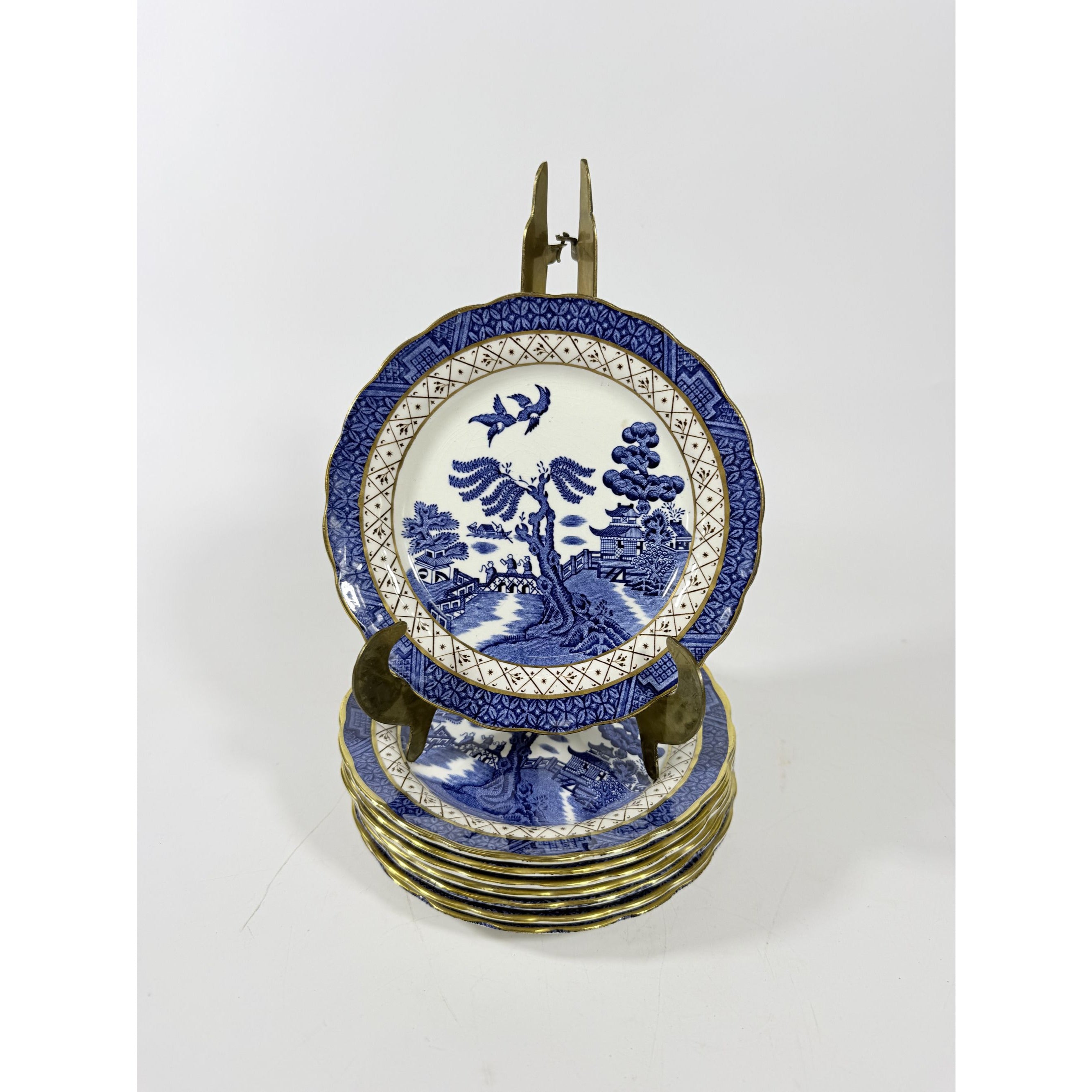 Bread and Butter Place Set 8 Booths Real Old Willow Blue Gold Trim Vintage Replacement China Traditional Oriental Chinoiserie Made England