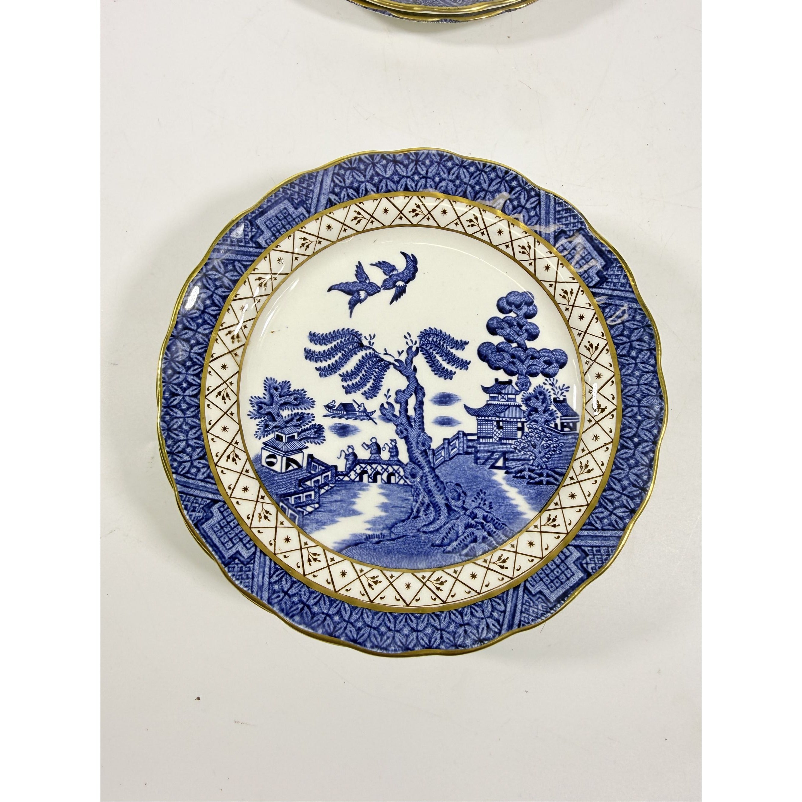 Bread and Butter Place Set 8 Booths Real Old Willow Blue Gold Trim Vintage Replacement China Traditional Oriental Chinoiserie Made England