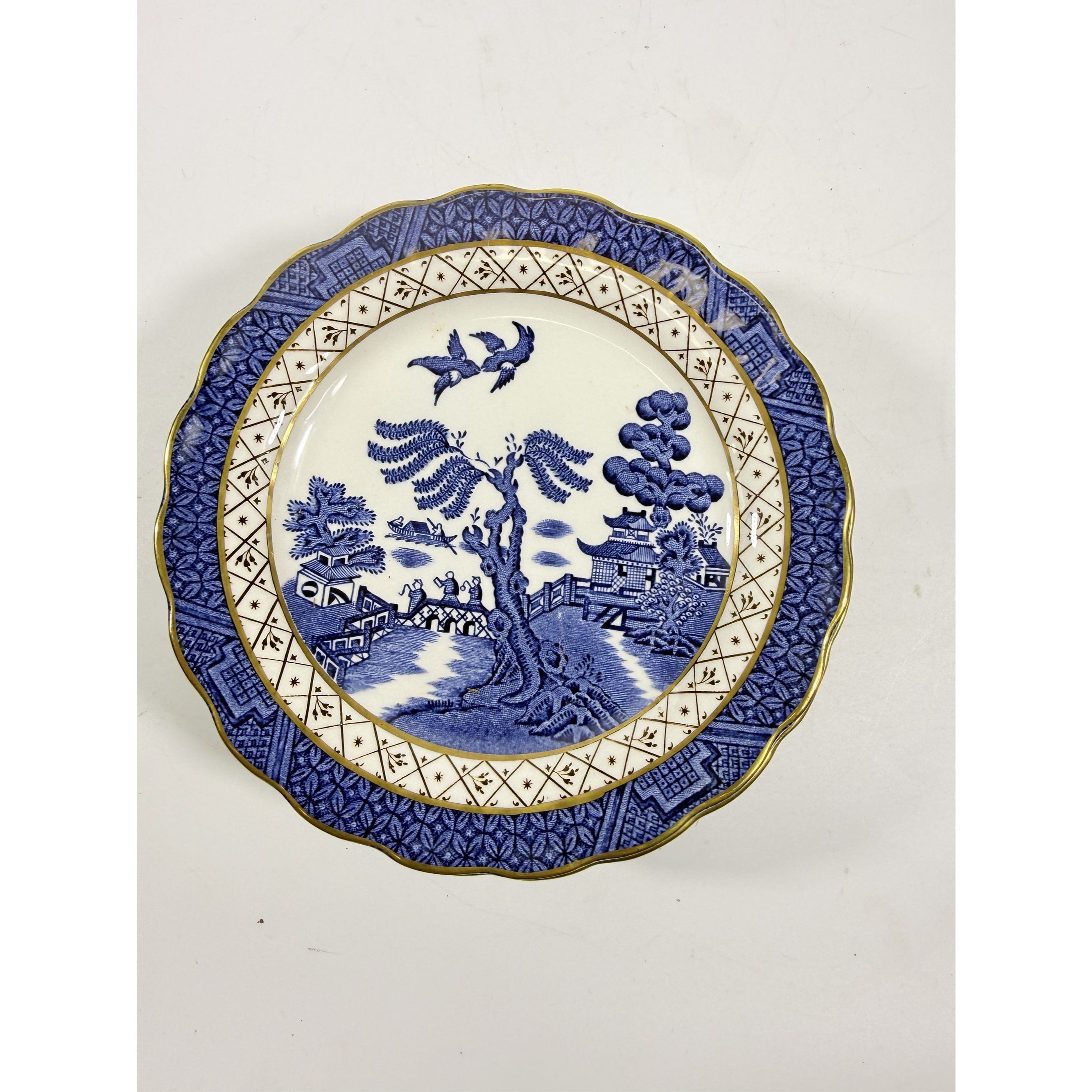 Bread and Butter Place Set 8 Booths Real Old Willow Blue Gold Trim Vintage Replacement China Traditional Oriental Chinoiserie Made England
