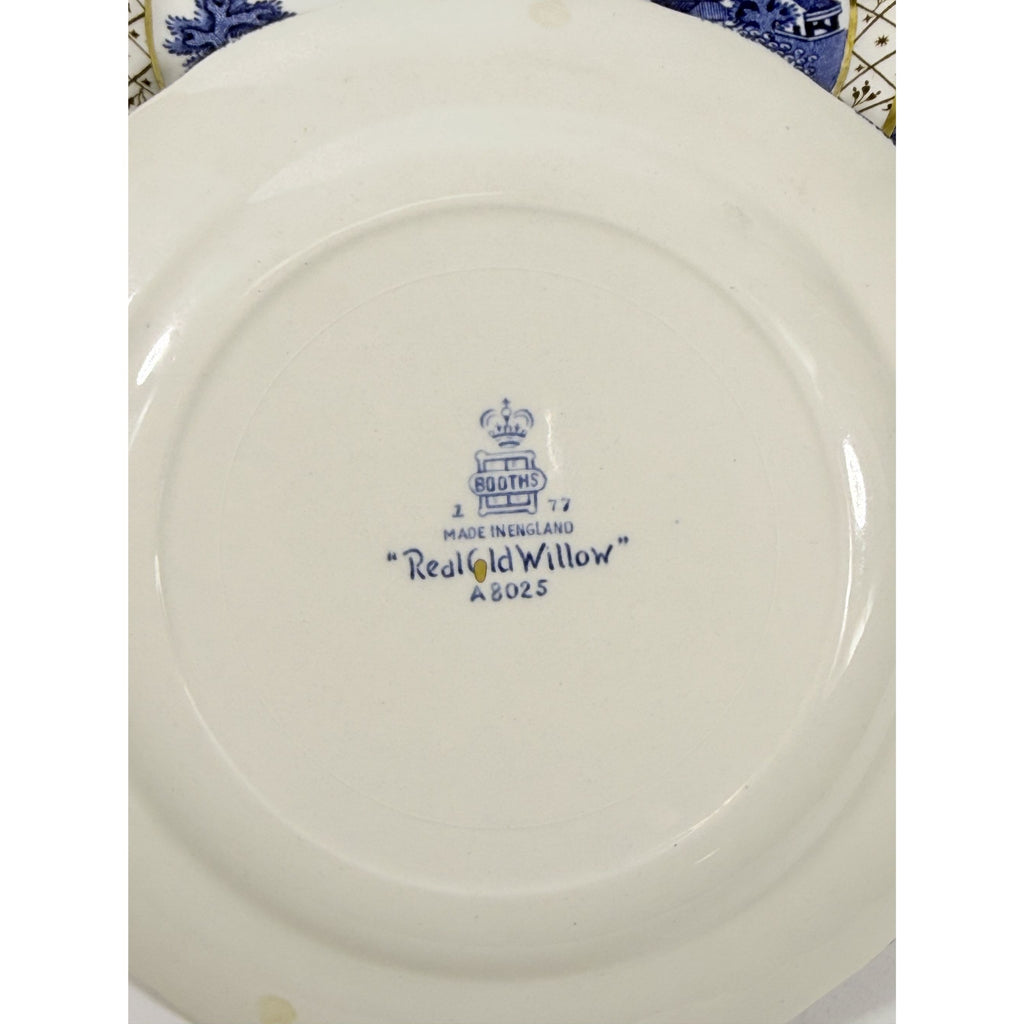 Bread and Butter Place Set 8 Booths Real Old Willow Blue Gold Trim Vintage Replacement China Traditional Oriental Chinoiserie Made England