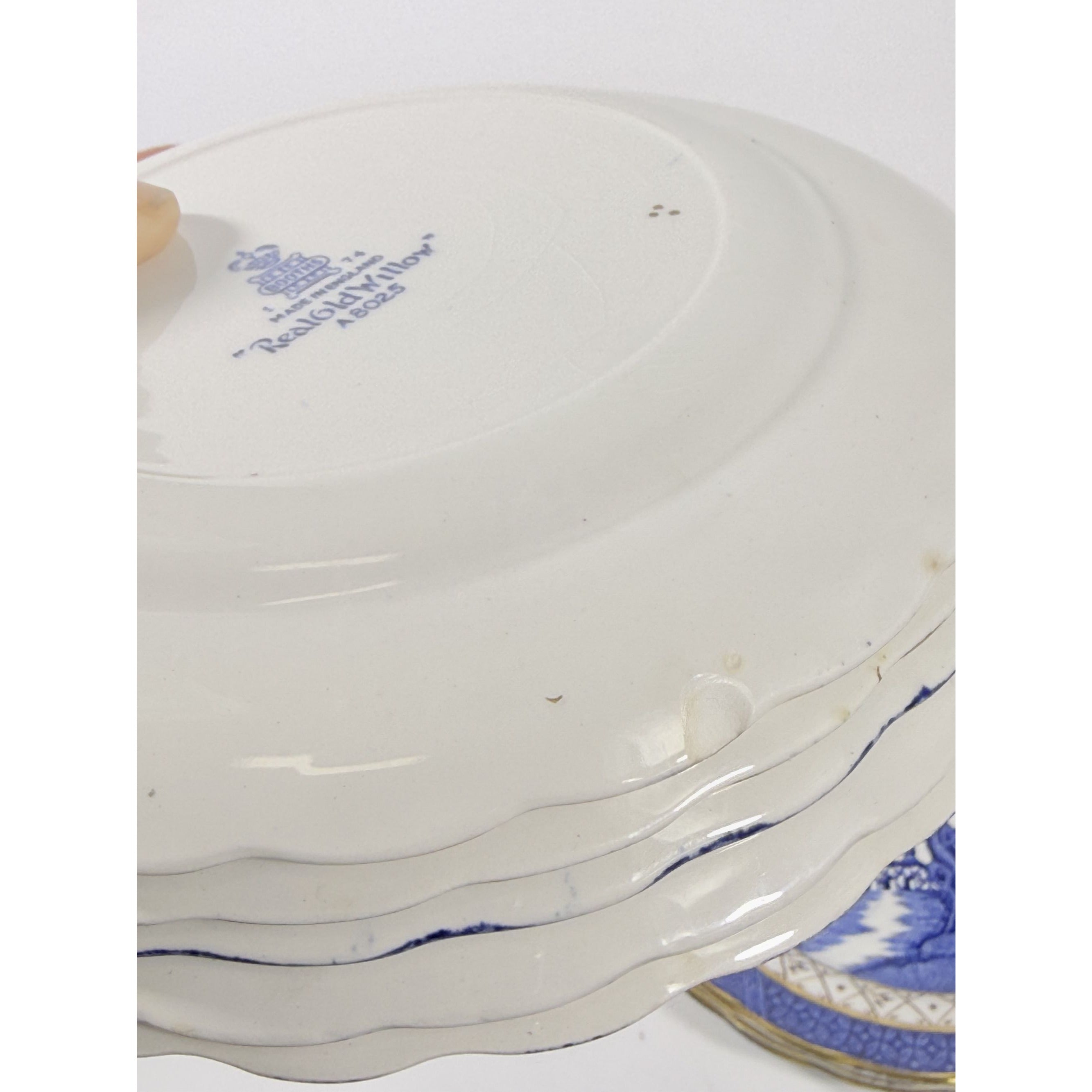 Bread and Butter Place Set 8 Booths Real Old Willow Blue Gold Trim Vintage Replacement China Traditional Oriental Chinoiserie Made England