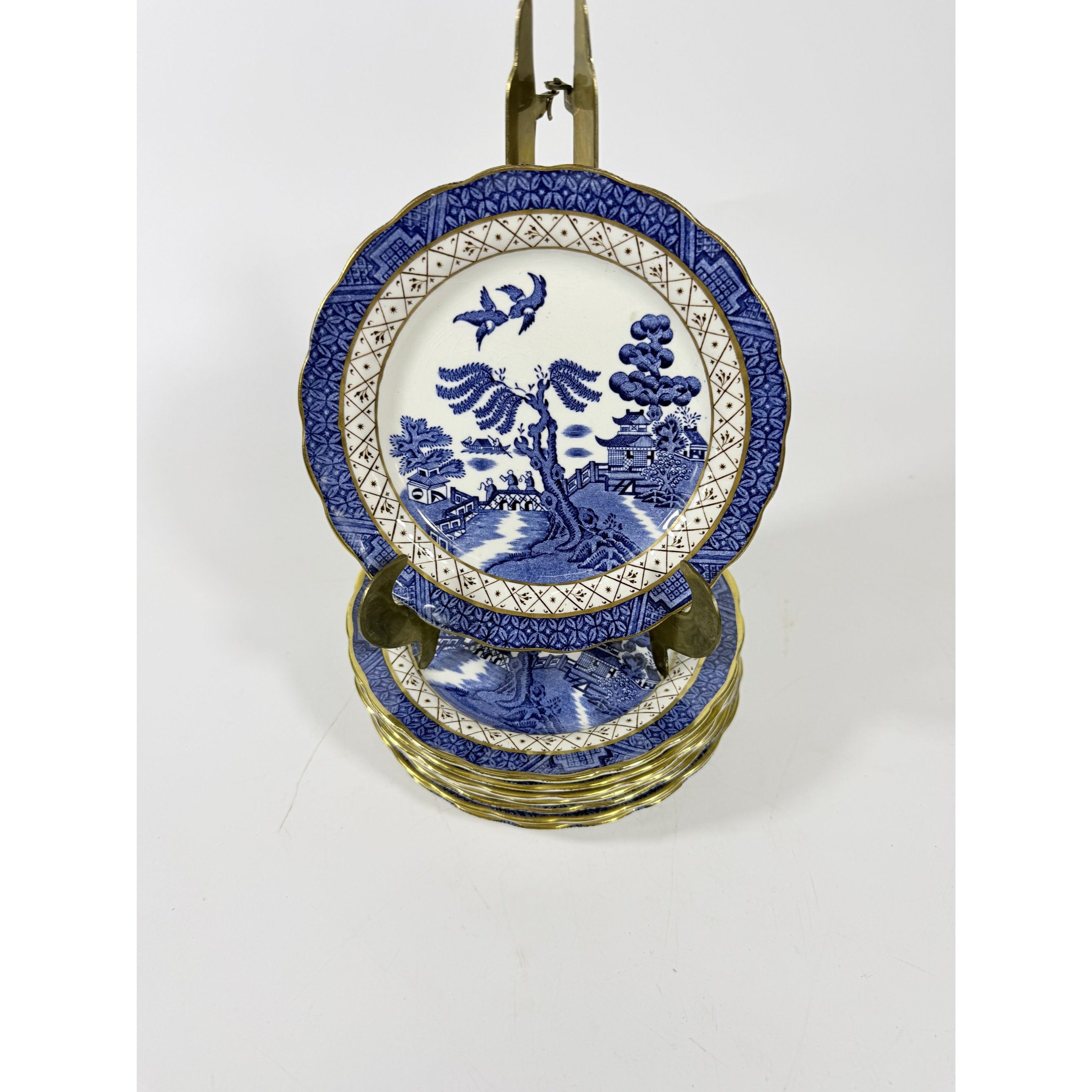 Bread and Butter Place Set 8 Booths Real Old Willow Blue Gold Trim Vintage Replacement China Traditional Oriental Chinoiserie Made England
