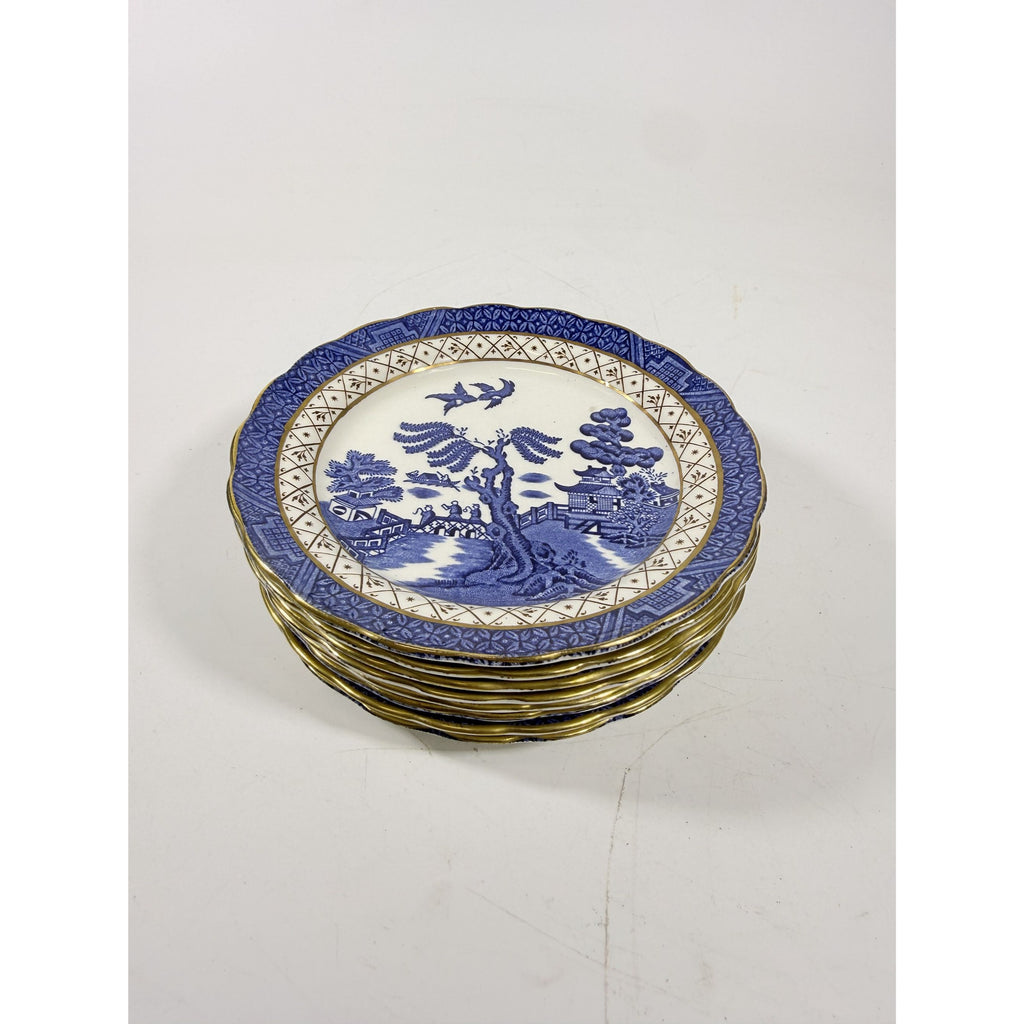 Bread and Butter Place Set 8 Booths Real Old Willow Blue Gold Trim Vintage Replacement China Traditional Oriental Chinoiserie Made England