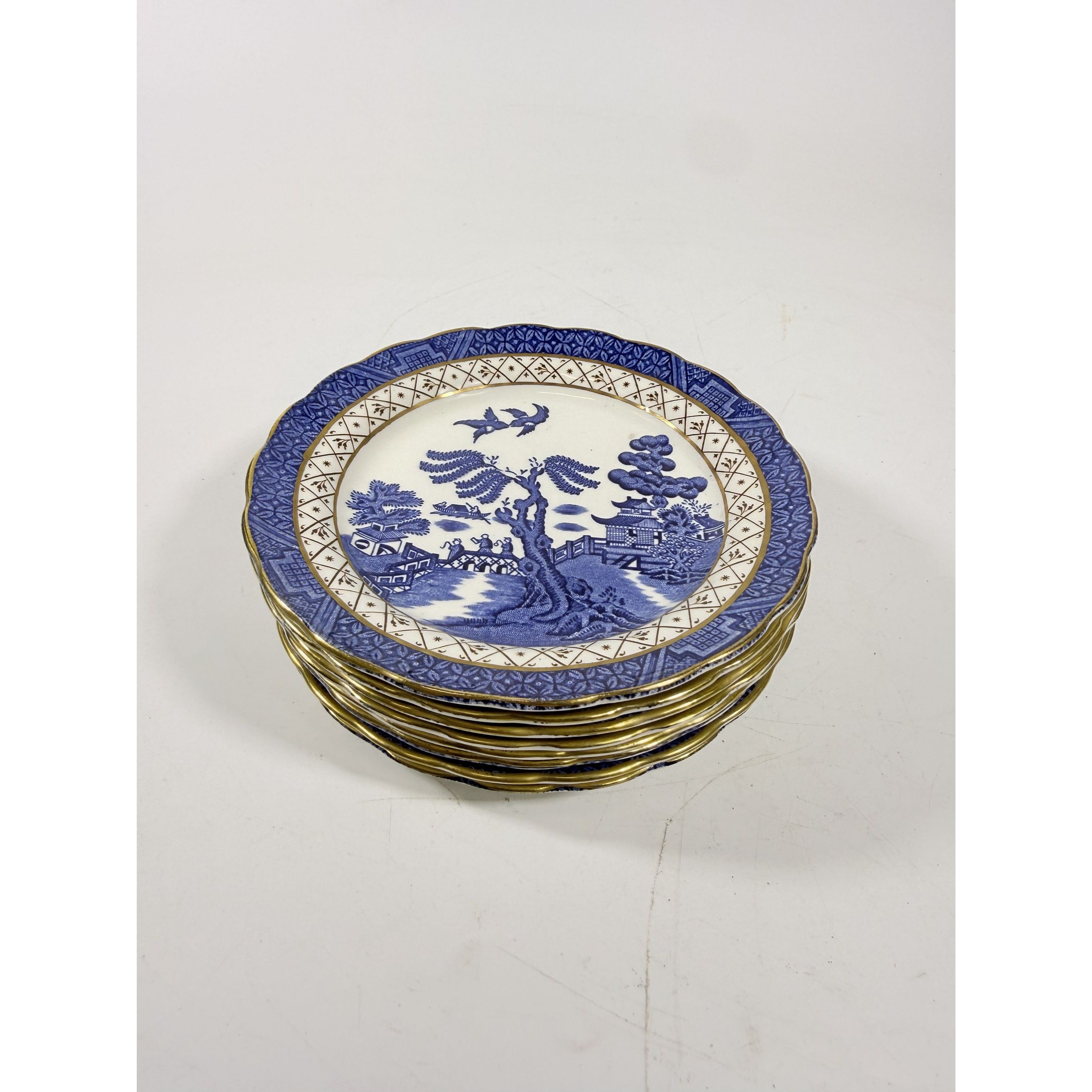 Bread and Butter Place Set 8 Booths Real Old Willow Blue Gold Trim Vintage Replacement China Traditional Oriental Chinoiserie Made England