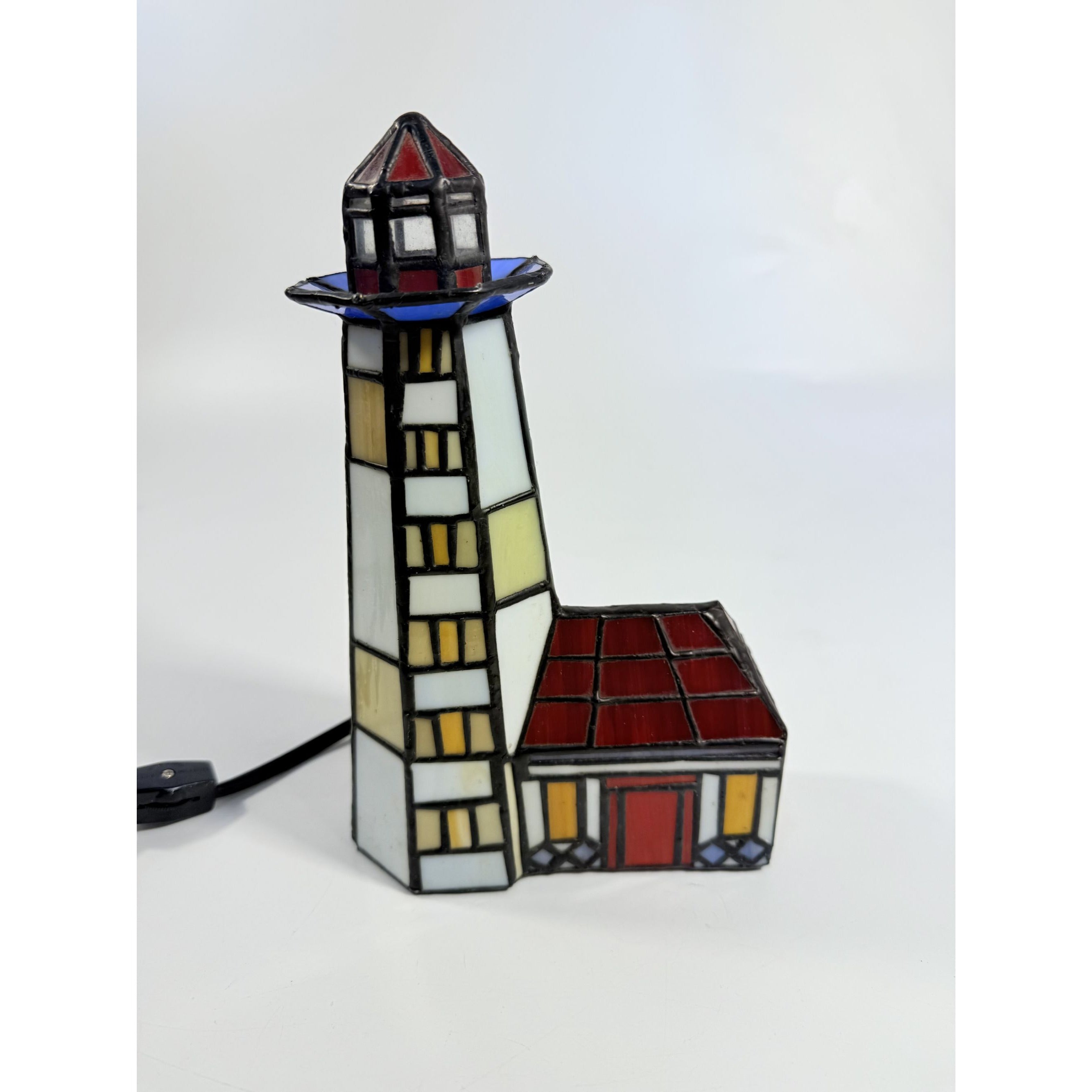 Stained Glass Table Lamp Tiffany Style Lighthouse Desk Night LIght Vintage Mosaic Coastal Lighting Beach Collectible Home Decor Decorative