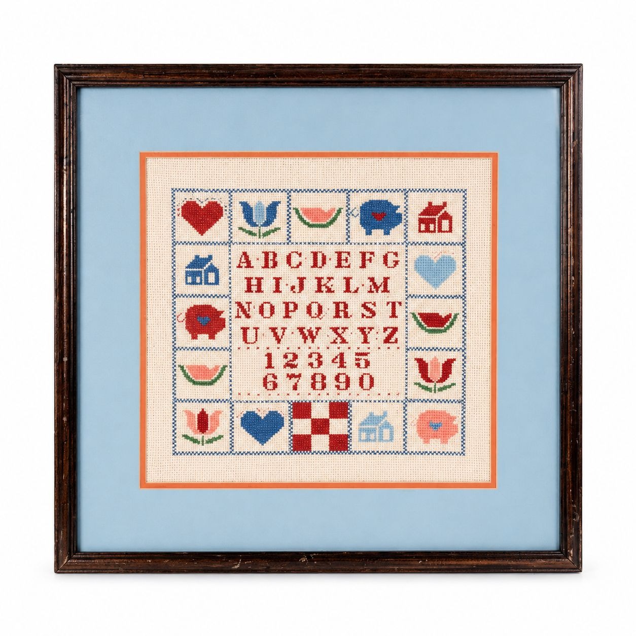 Framed Cross Stitch Sampler Alphabet Pig Heart Flower Watermelon Primitive Country Farmhouse Cottage Core Granny Core