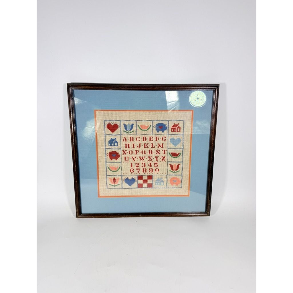 Framed Cross Stitch Sampler Alphabet Pig Heart Flower Watermelon Primitive Country Farmhouse Cottage Core Granny Core