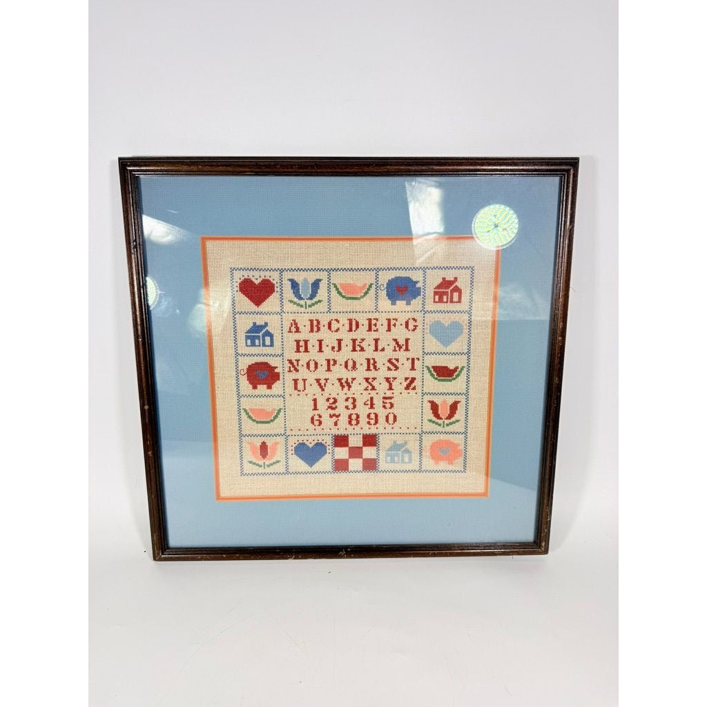 Framed Cross Stitch Sampler Alphabet Pig Heart Flower Watermelon Primitive Country Farmhouse Cottage Core Granny Core