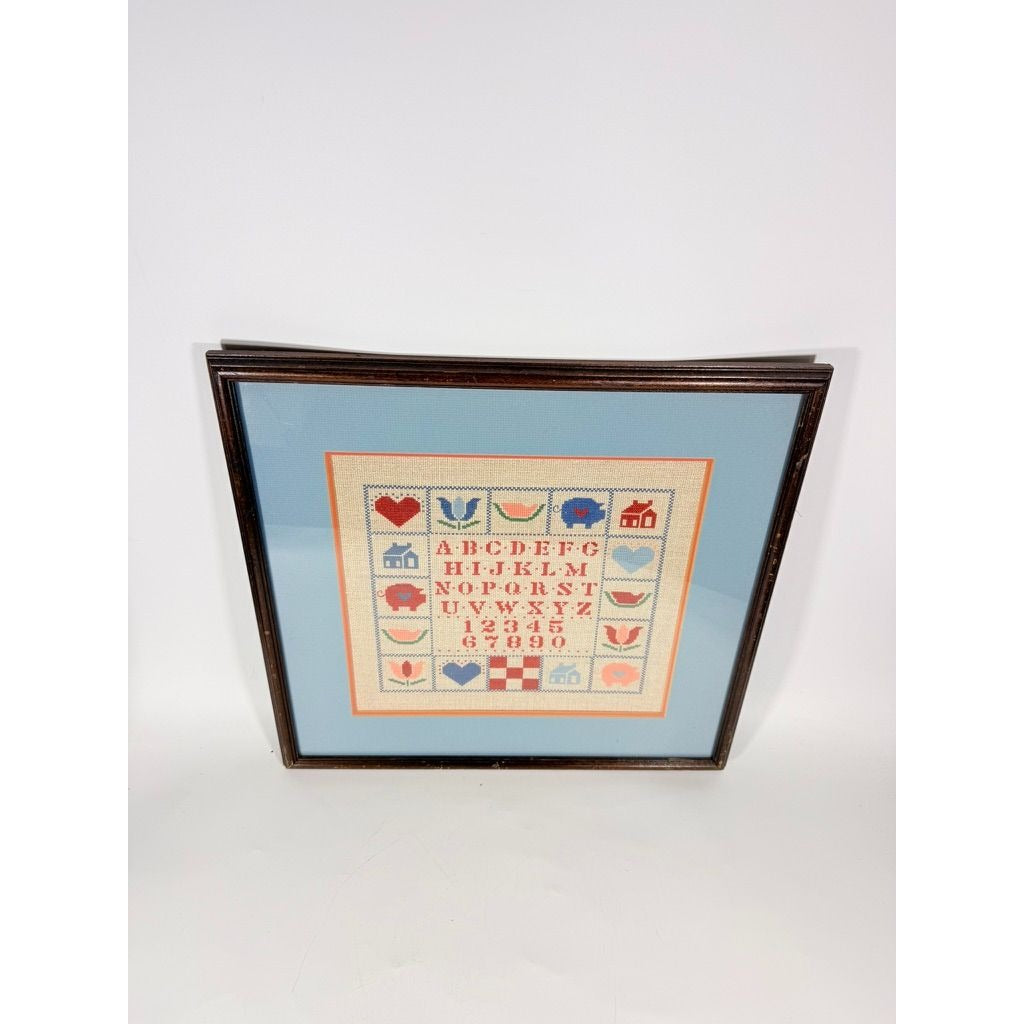 Framed Cross Stitch Sampler Alphabet Pig Heart Flower Watermelon Primitive Country Farmhouse Cottage Core Granny Core