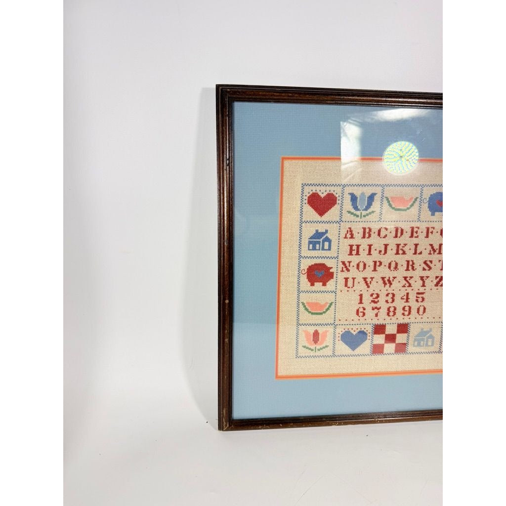 Framed Cross Stitch Sampler Alphabet Pig Heart Flower Watermelon Primitive Country Farmhouse Cottage Core Granny Core