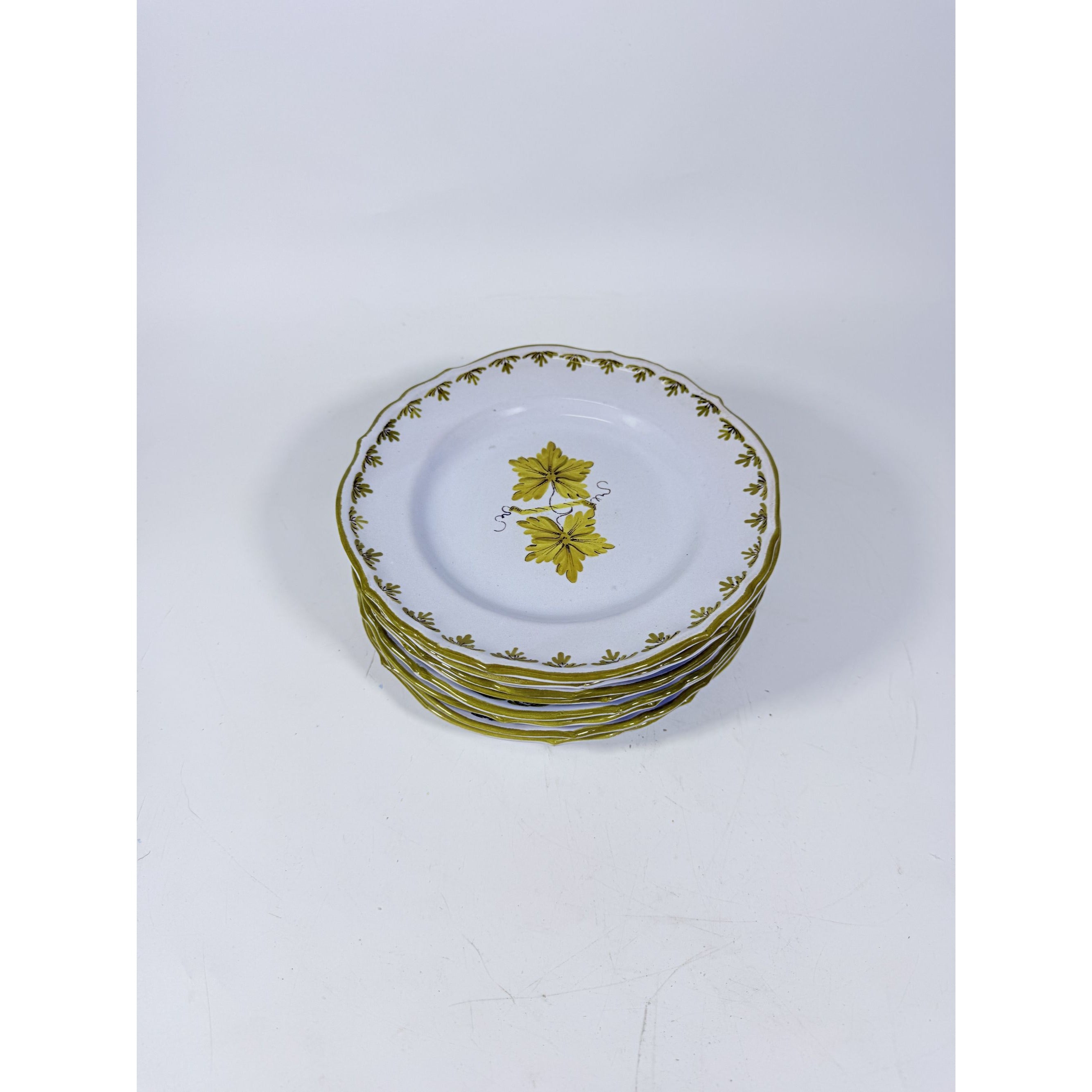 Italian Pottery Salad Plates Set of 8 Guido Gambone ITY233 Handpainted Grape Leaves Green Replacement China Dishes Made in Italy G72