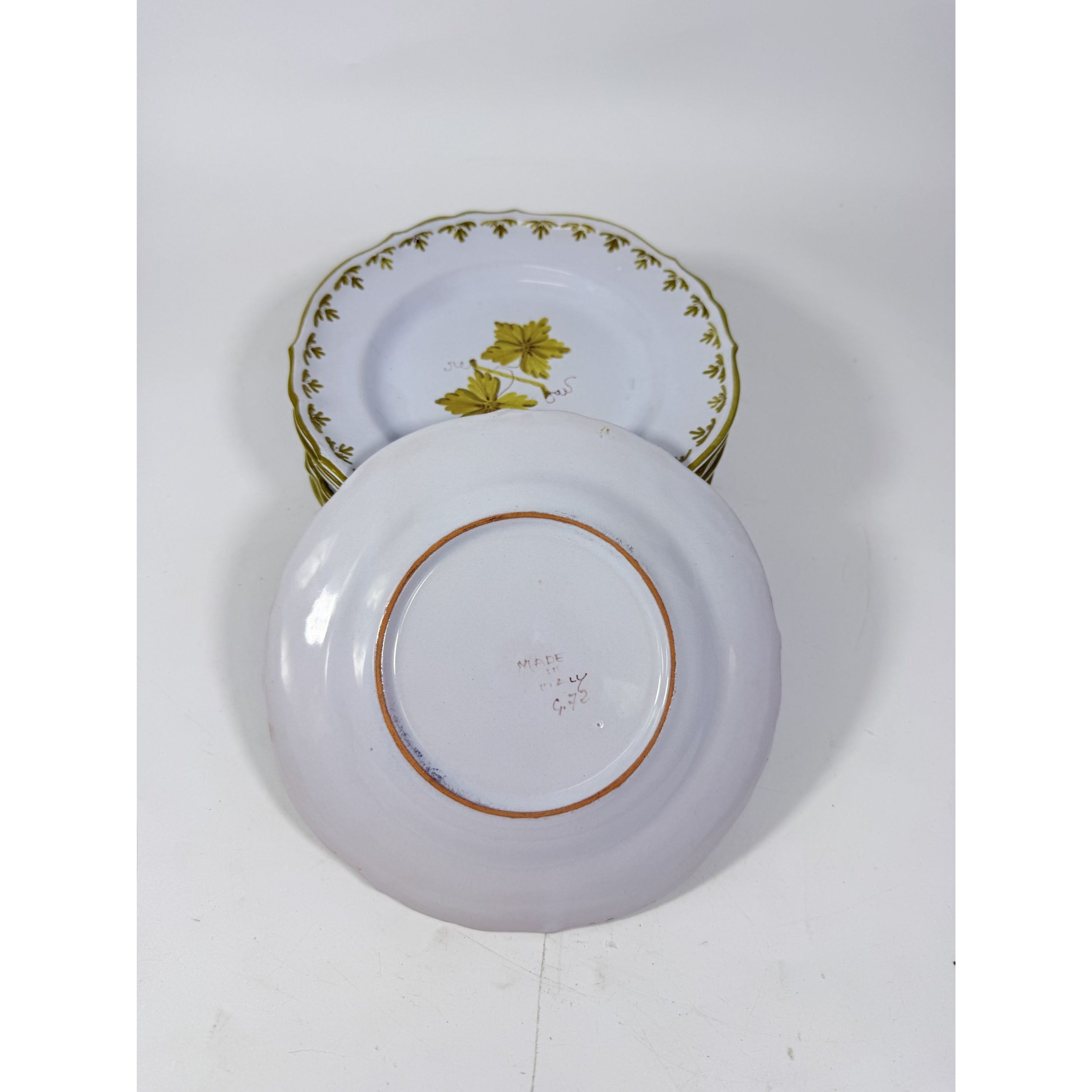 Italian Pottery Salad Plates Set of 8 Guido Gambone ITY233 Handpainted Grape Leaves Green Replacement China Dishes Made in Italy G72