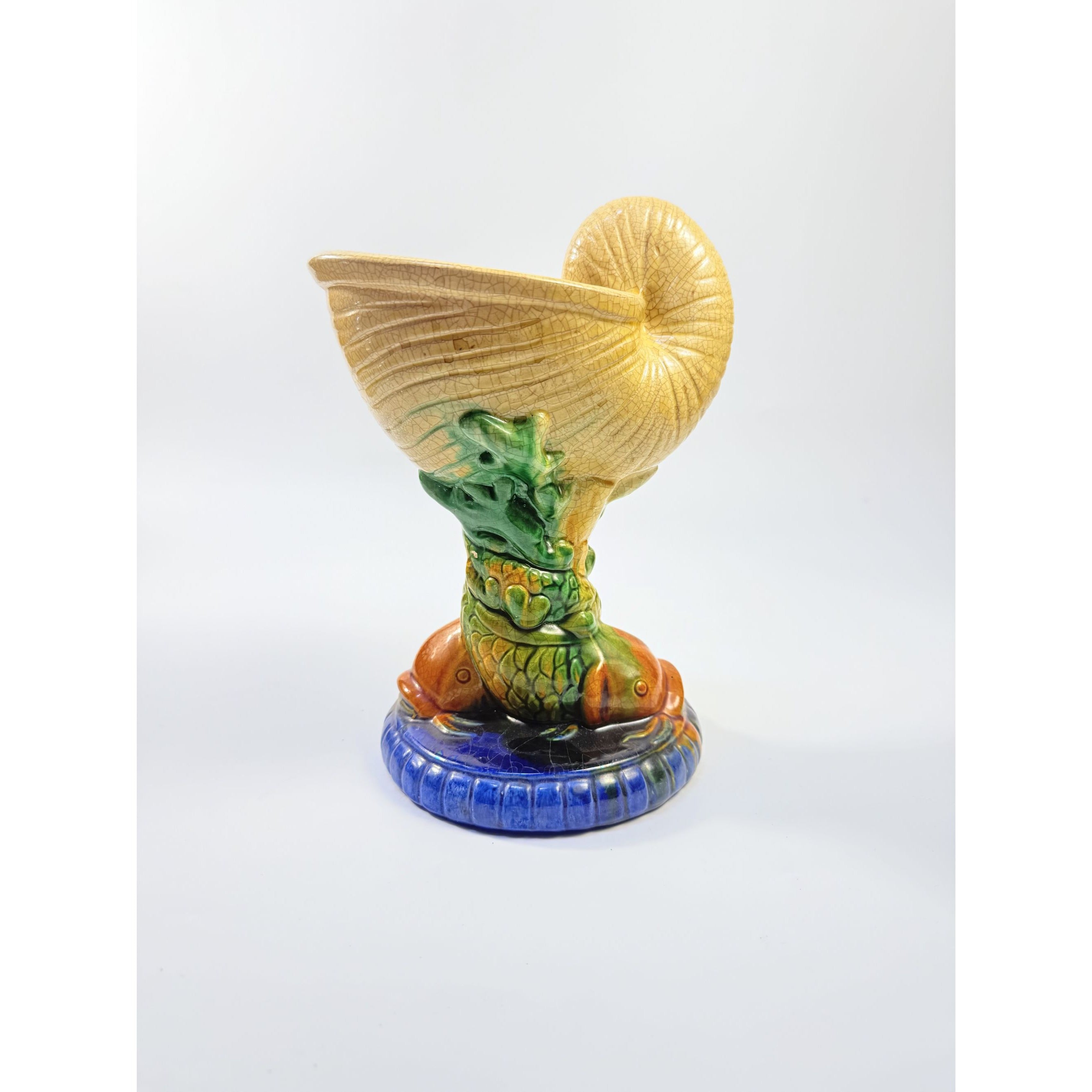 Elevated Centerpiece Compote Vase Planter Majolica Minton Style Shell Nautilus Koi Fish Hand Painted | Vintage Unique Decor Home Accents