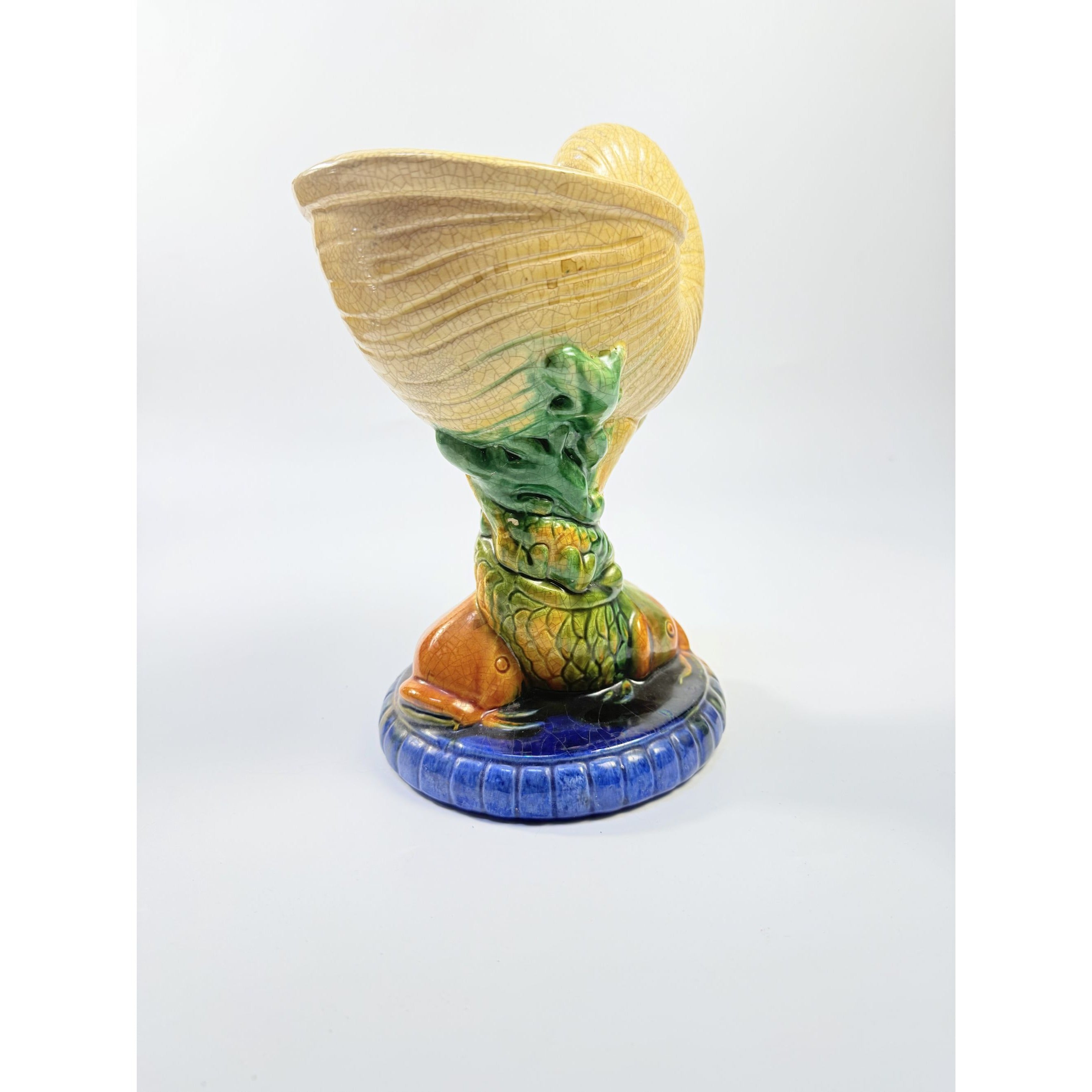 Elevated Centerpiece Compote Vase Planter Majolica Minton Style Shell Nautilus Koi Fish Hand Painted | Vintage Unique Decor Home Accents