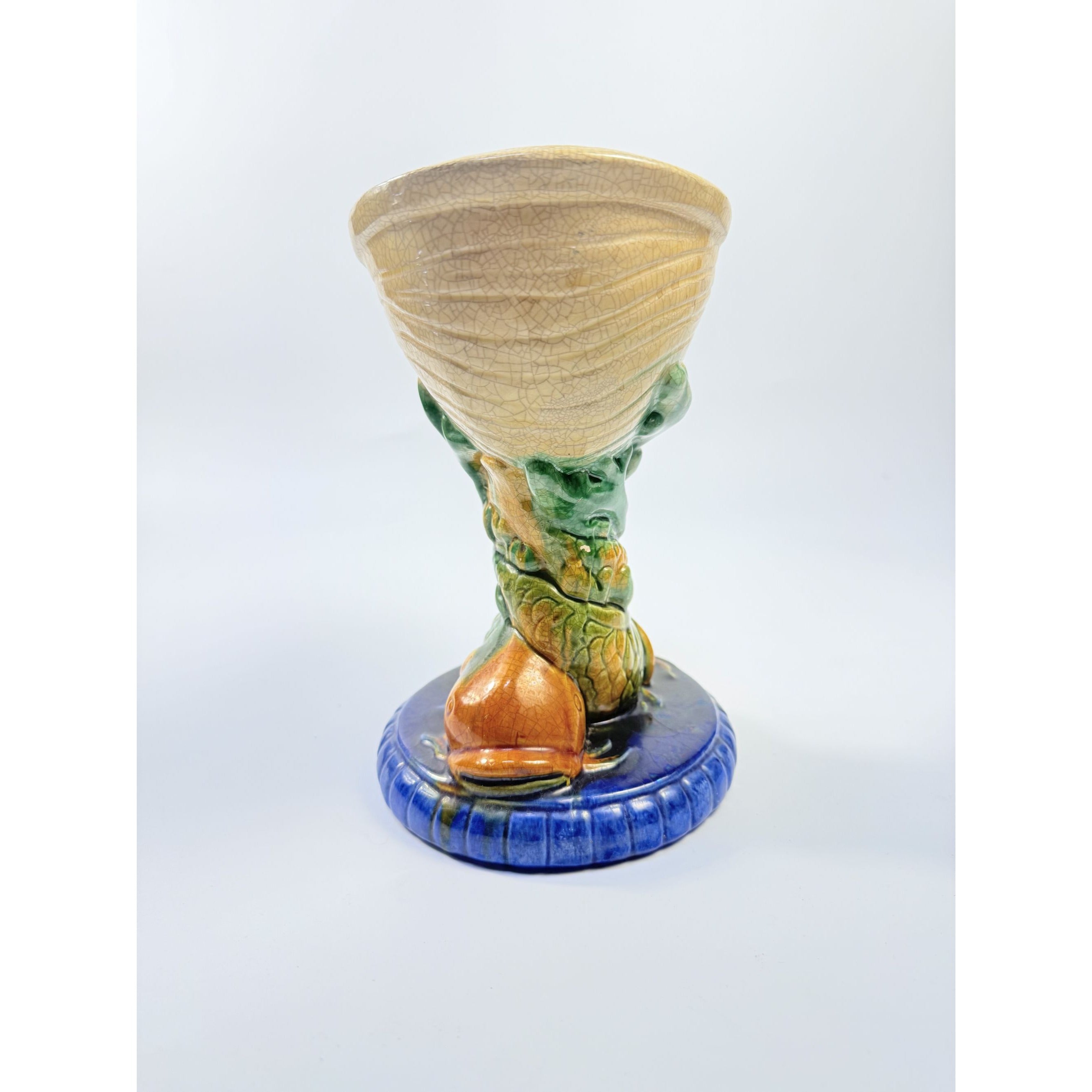 Elevated Centerpiece Compote Vase Planter Majolica Minton Style Shell Nautilus Koi Fish Hand Painted | Vintage Unique Decor Home Accents