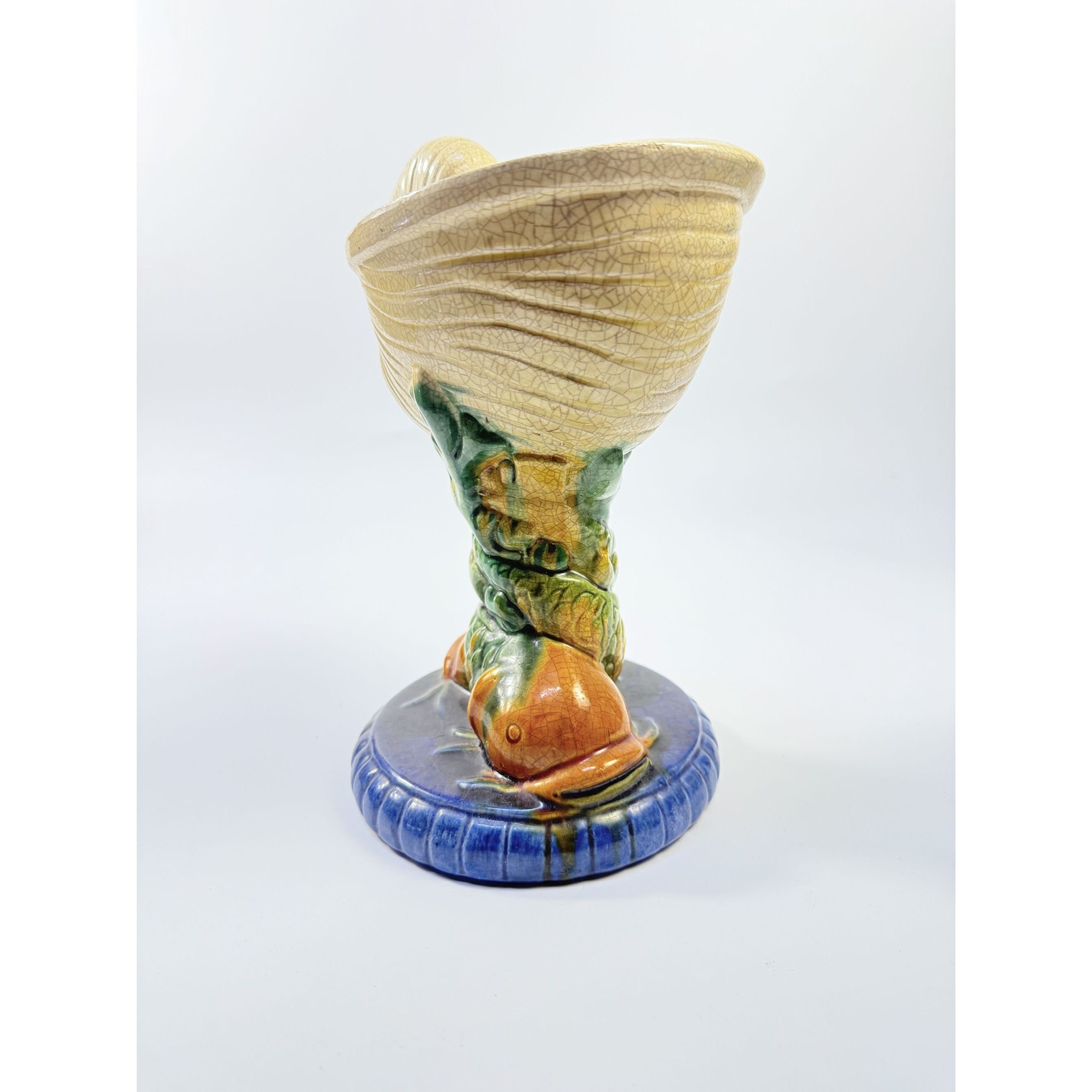 Elevated Centerpiece Compote Vase Planter Majolica Minton Style Shell Nautilus Koi Fish Hand Painted | Vintage Unique Decor Home Accents